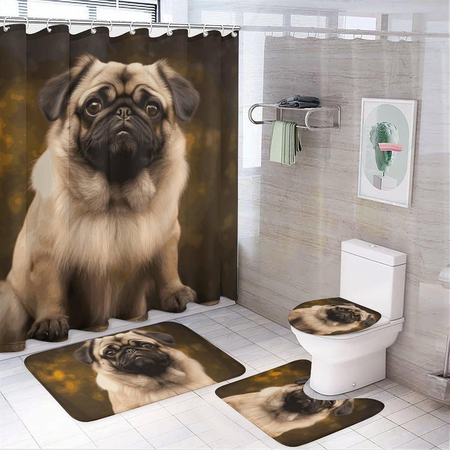 Pug Dog Shower Curtain Set 4 Piece, Non-Slip Bath Mat with Toilet Lid Cover and Waterproof Shower Curtain with 12 Hooks, Complete Bathroom Set for Home Decor