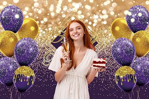 Miniatura 5 de Renaiss Telón de fondo violeta de 7 x 5 pies para sesión de fotos de niños, hombres y mujeres, retrato de globos dorados morados, fondo de