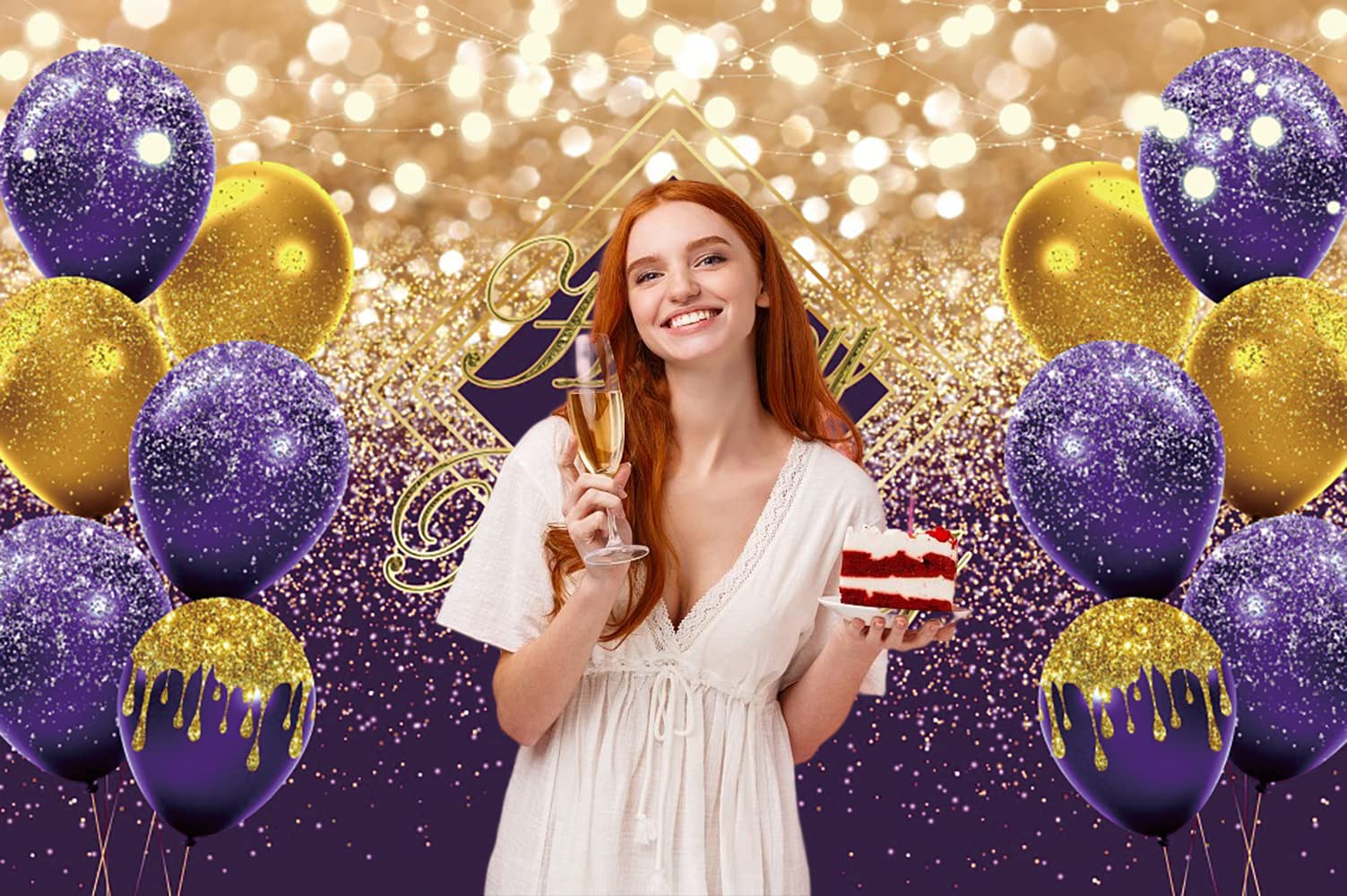 Renaiss 3 x 2,1 m violetter Hintergrund für Fotoshootings, Kinder, Männer, Frauen, Portrait, violett, goldfarbene Luftballons, Fotografie-Hintergrund für Feiern, Live-Video-Party-Dekoration, Bokeh