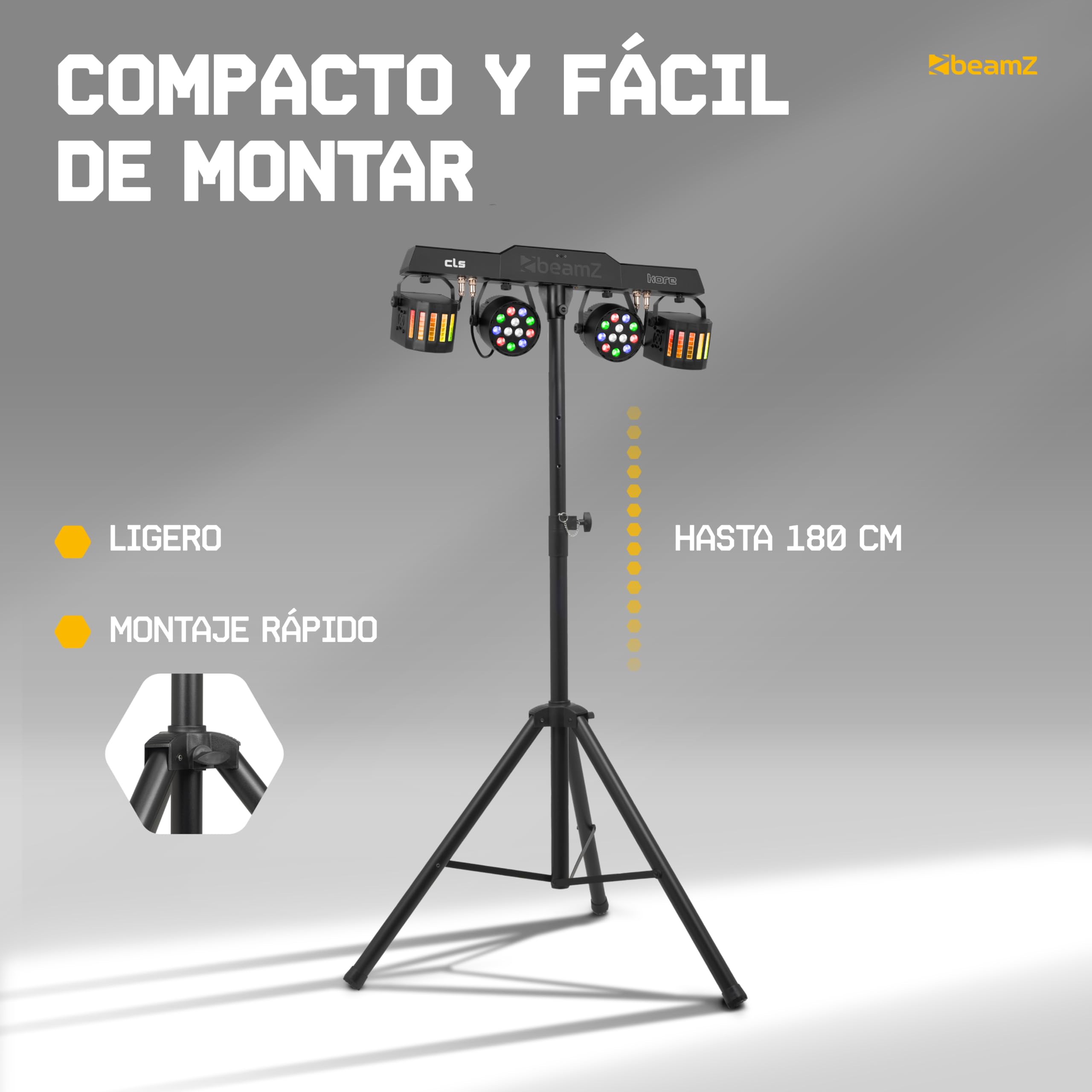 BeamZ CLS Kore Party Bar con 2 par led rgbw y 2 derby, barra led dj con tripode regulable, dmx 512, mando a distancia, luces discoteca para casa, luces dj y luces escenario