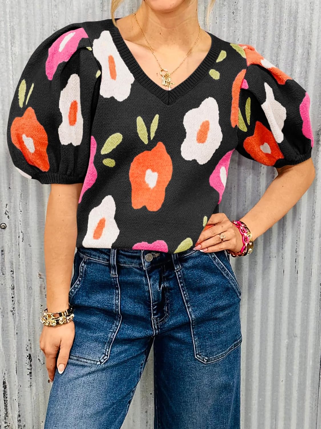 Cicy Bell Womens Puff Short Sleeve Sweater Tops 2026 Spring Summer Floral Pullover V Neck Casual Knit T Shirts - Image 2