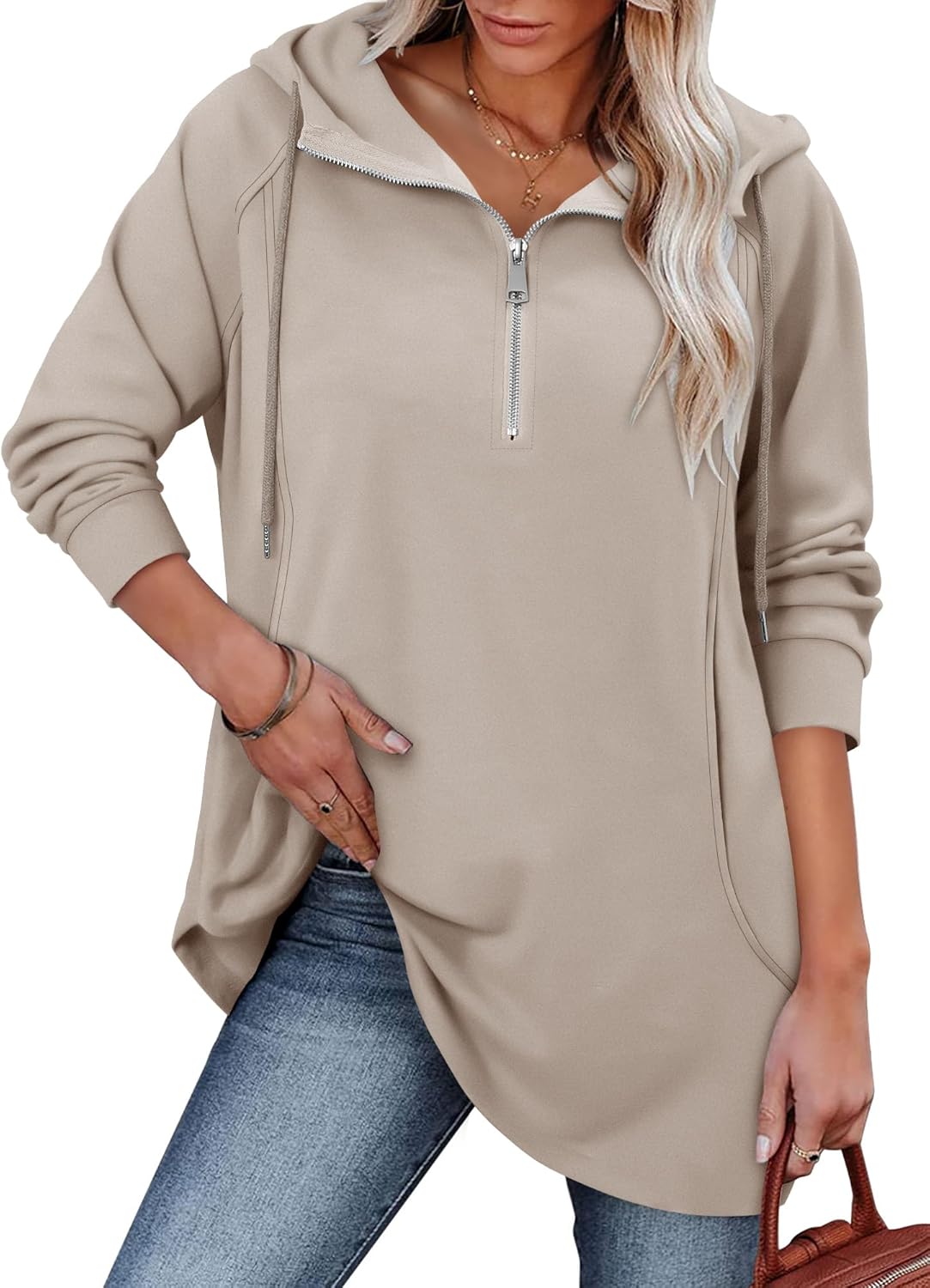 onlypuff Women Hoodie Pullover Trendy Quarter Zipper Lapel Sweatshirts Drawstring Cute Hooded Tunic Tops with Side Pockets - Image 2