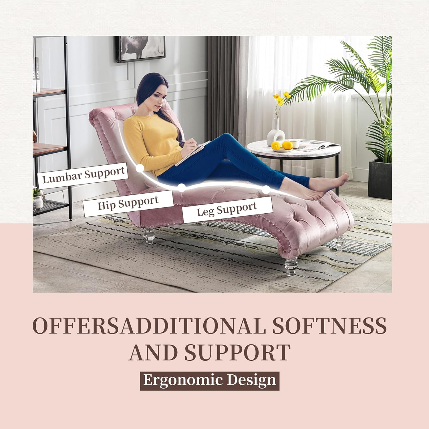 Chaise Lounge Chair Indoor Pink Velvet Upholstered Button Tufted Chaise Lounge Chair with Acrylic Legs and Lumbar Pillow, Leisure Recliner Single Lounge Sofa for Living Room, Bedroom Furniture