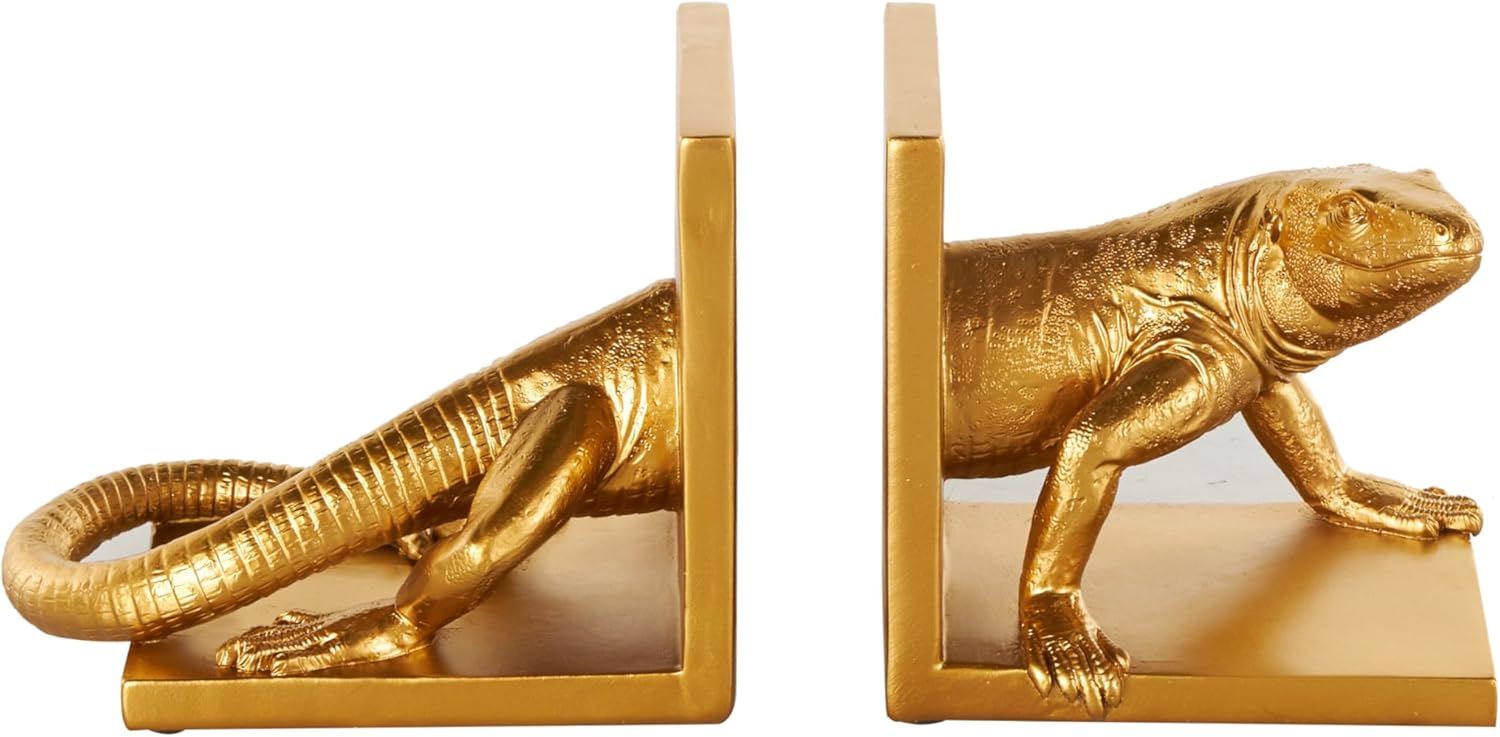 Deco 79 Resin Lizard Decorative Bookends Crawling Non Skid Bookends, Set of 2 Office Bookends7 W, 6" H, Gold
