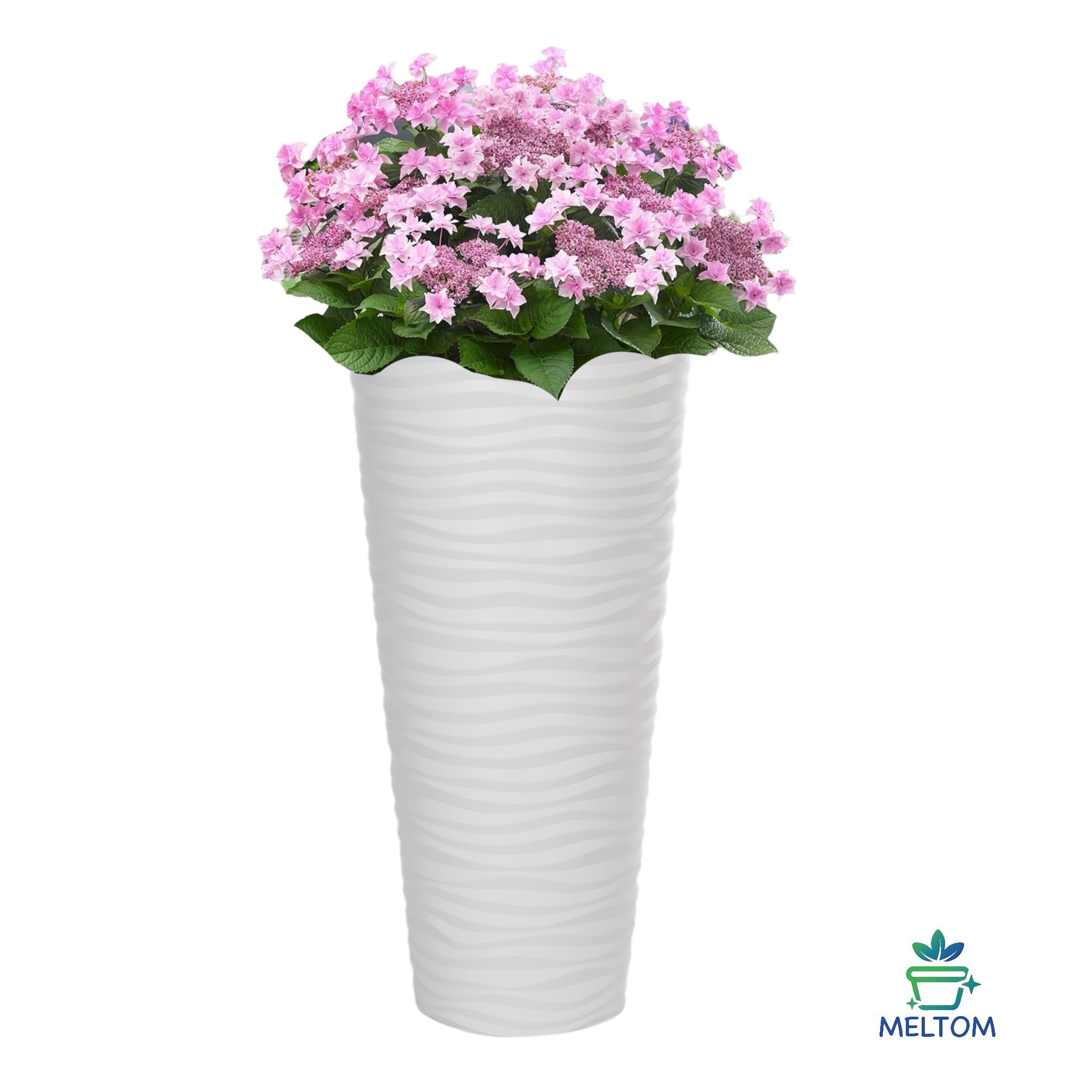 MELTOM Pot de fleurs avec système d'irrigation, effet 3D, vagues, rond, slim, couleur : blanc, diamètre x H : 40 x 79 cm, haut