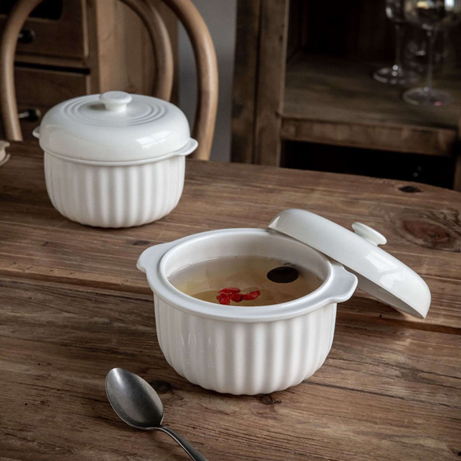 Tazón de Sopa, Tazones de Guiso, Tazas de Caldo, Tazones de Sopa con Asas, Taza de Sopa de Microondas con Tapa, Tazones de Sopa de Cebolla Francesa-Blanco-15x11x10cm, 450ml (Color : White, Size : 15