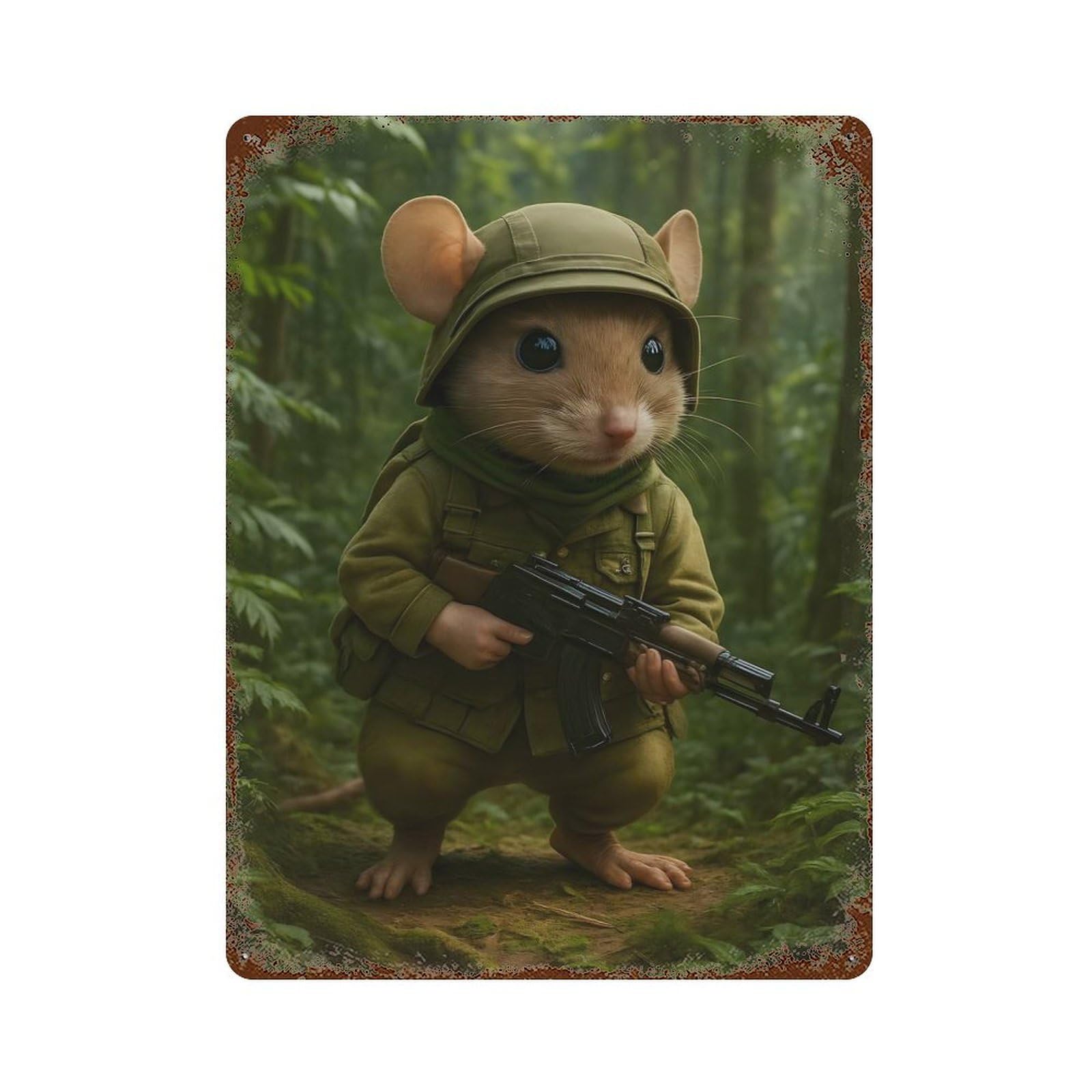 Mouse Soldier in Jungle Rusty Metal Tin Sign 15.7"x11.8", Farmhouse Wall Decor for Farmhouse, Kitchen And Entryway Decor