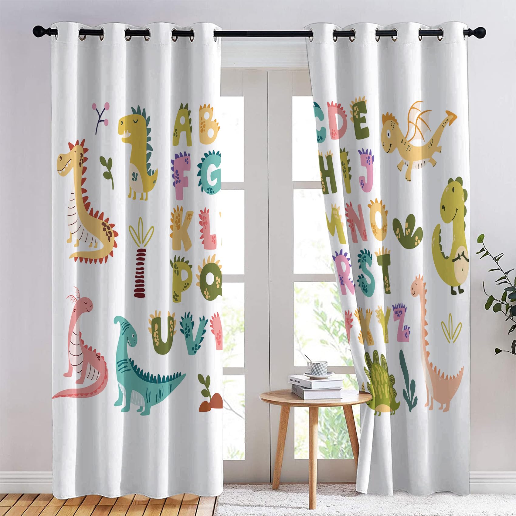Lot de 2 rideaux occultants avec anneaux pour fenêtre de chambre à coucher et salon Motif dinosaure 140 x 270 cm