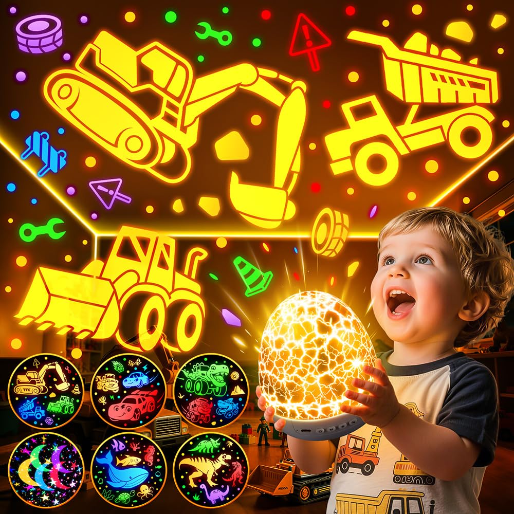 Construction Toys Projector Egg Shaped [15 Sounds & 6 Films]Digger Toys Car Toy [31 Colors & Remote Control] Dinosaur Egg Night Light Projector Sensory Lights for Baby Boys Gifts 1-8 Years Old