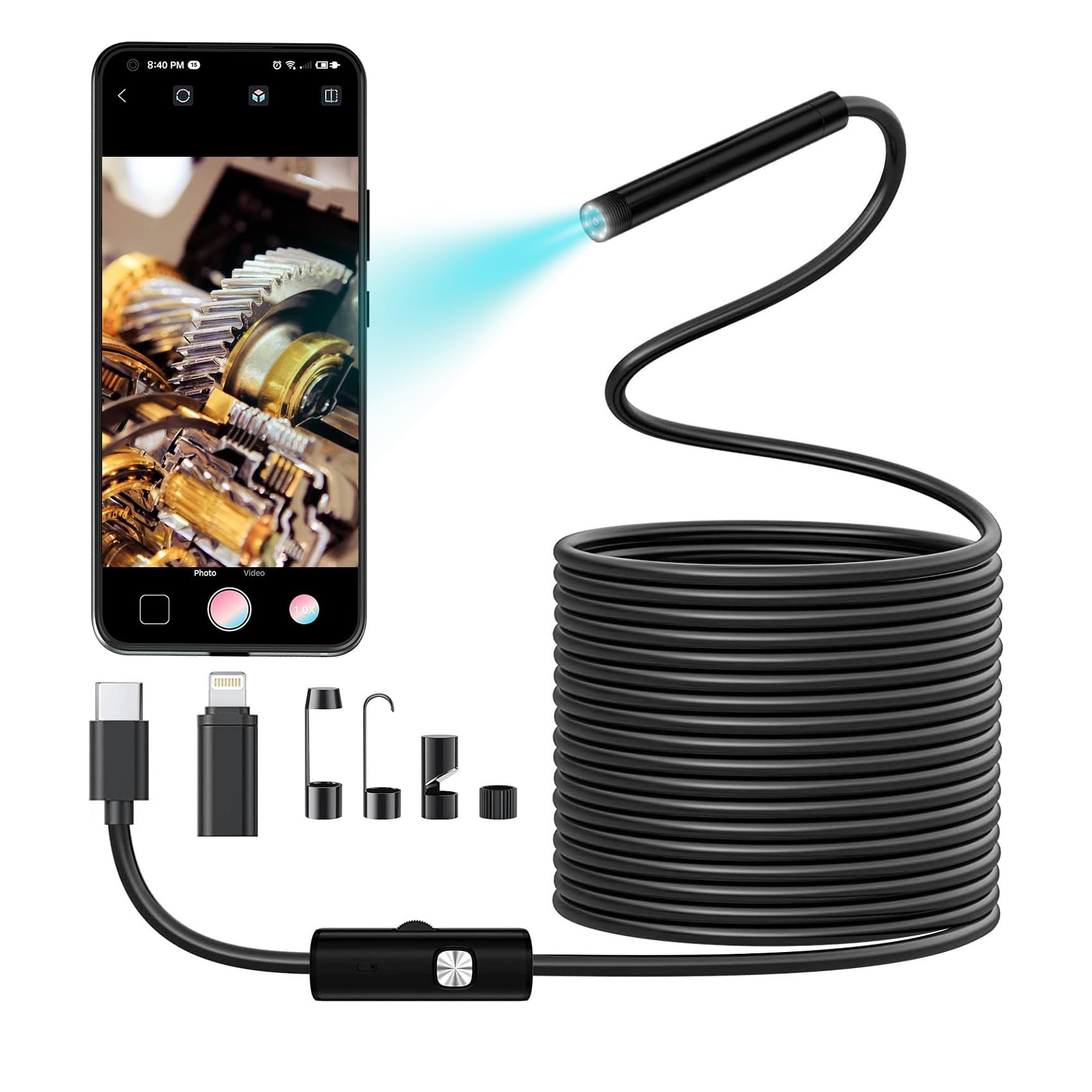 Telecamera endoscopica HD 1080P con luce, fotocamera endoscopica Telefono cellulare, fotocamera con 8 luci LED, cavo semirigido da 5 m, adatta per ispezione di canali e tubi fognari compatibile