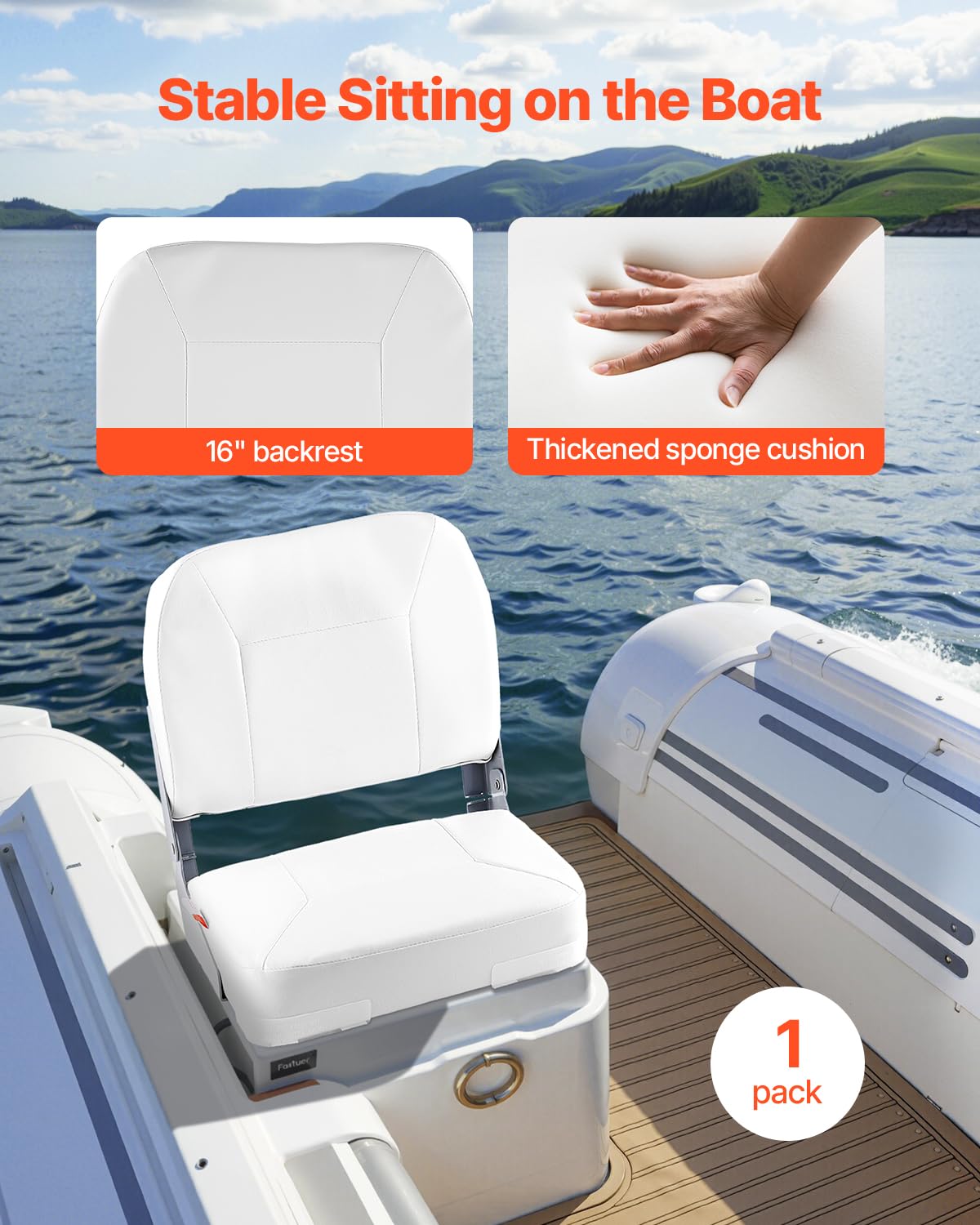 VEVOR Asiento de Barco con Respaldo Bajo Silla de Barco de Pesca Plegable con Cojín de Esponja Espesado y Cuero de PVC Impermeable Asiento de Bote Abatible para Barcos de Pesca, Yates, Blanco