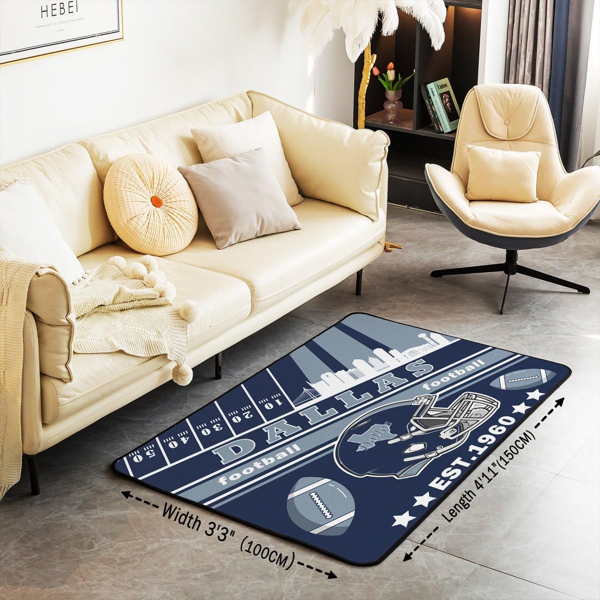 Feelyou Football Living Room Rugs for Bedroom Area Rug 3x5 Boys Girls Rugby Sports Decor Carpet Football City Indoor Floor Mat Dark Blue