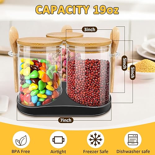 Miniatura 2 de 3 tarros de vidrio con tapas de bambú, recipientes de almacenamiento de alimentos de 19 onzas con cuchara para café y azúcar, juego de recipientes