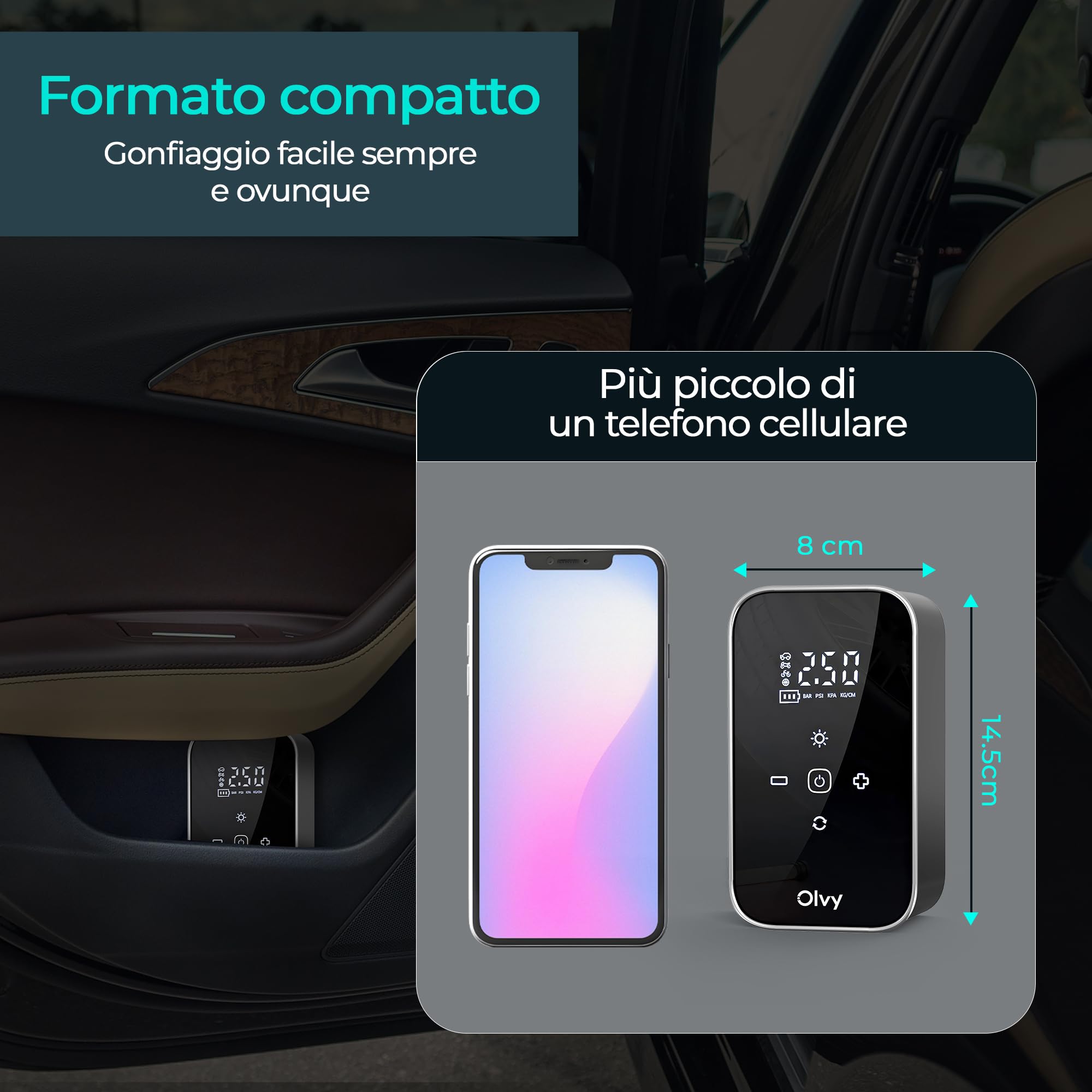 Olvy Compressore d'aria portatile - Gonfiatore di pneumatici senza fili 12V - Batteria ricaricabile 6000 mAh - Display digitale - Spegnimento automatico - Luce LED - Per auto, bici, moto, palla e mate