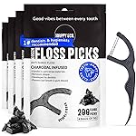 Dental Floss Picks (200pcs) - Flossers for Adults, Vegan Corn-Straw Handle, Superior Oral Care & Anti-Shred Thread, Dental Hygiene, Tooth Pick Sticks, Teeth & Gum Health (Charcoal, Double Thread)