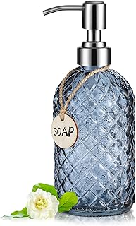 16 OZ Clear Soap Dispenser with 304 Rustproof Stainless Steel Pump Bathroom Kitchen,Soap Dispenser,Refillable Liquid Glass Soap Dispenser for Hand Soap, Dish Soap, Lotion(Blue Gray)