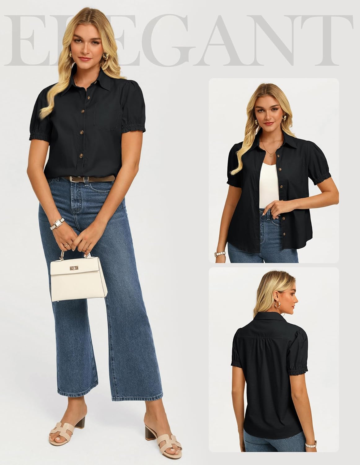 GRACE KARIN Women's Cotton Linen Blouse V Neck Puff Short Sleeve Button Down Work Summer Tops - Image 2