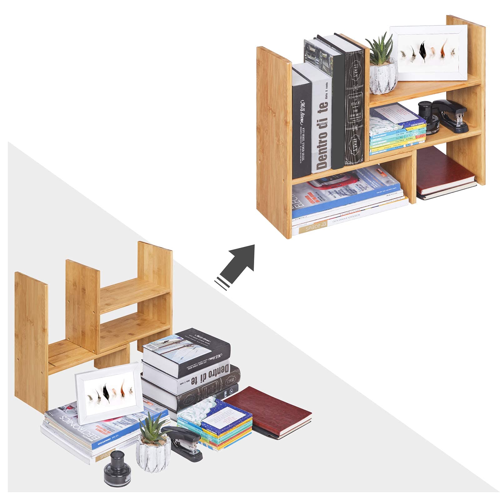 SONGMICS Schreibtisch-Organizer, modular, 3 Formen, verstellbar, platzsparend, kleine Bibliotheksdekoration, für Büro, Küche und Badezimmer, natürlicher Bambus OFS45NL