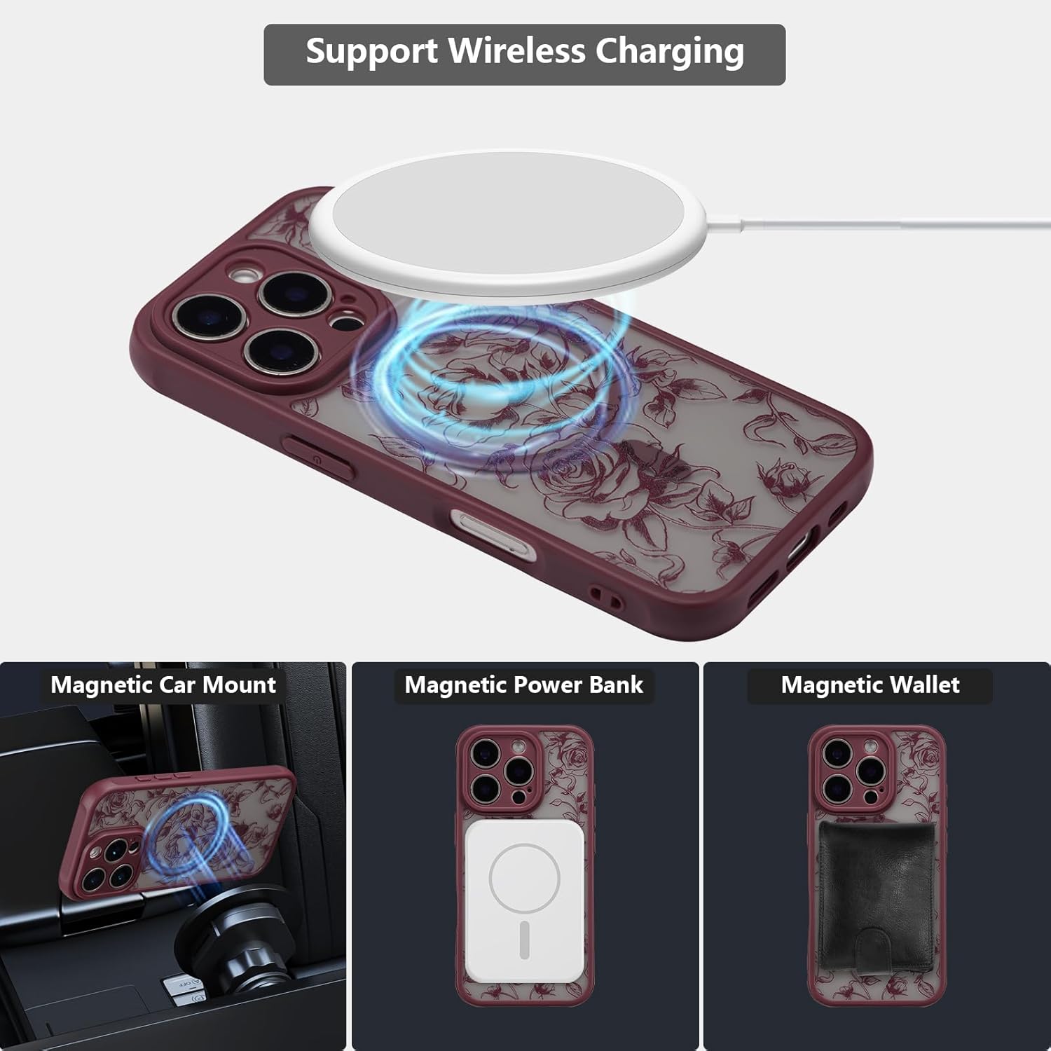 XIZYO Magnetic Case for iPhone 15 Pro Max, Floral Flower Cute Aesthetic Case [Compatible with Magsafe] for Women Girls Rose Pattern Slim TPU Bumper Shockproof Protective Cover, Branch Rose/Wine Red - Image 4