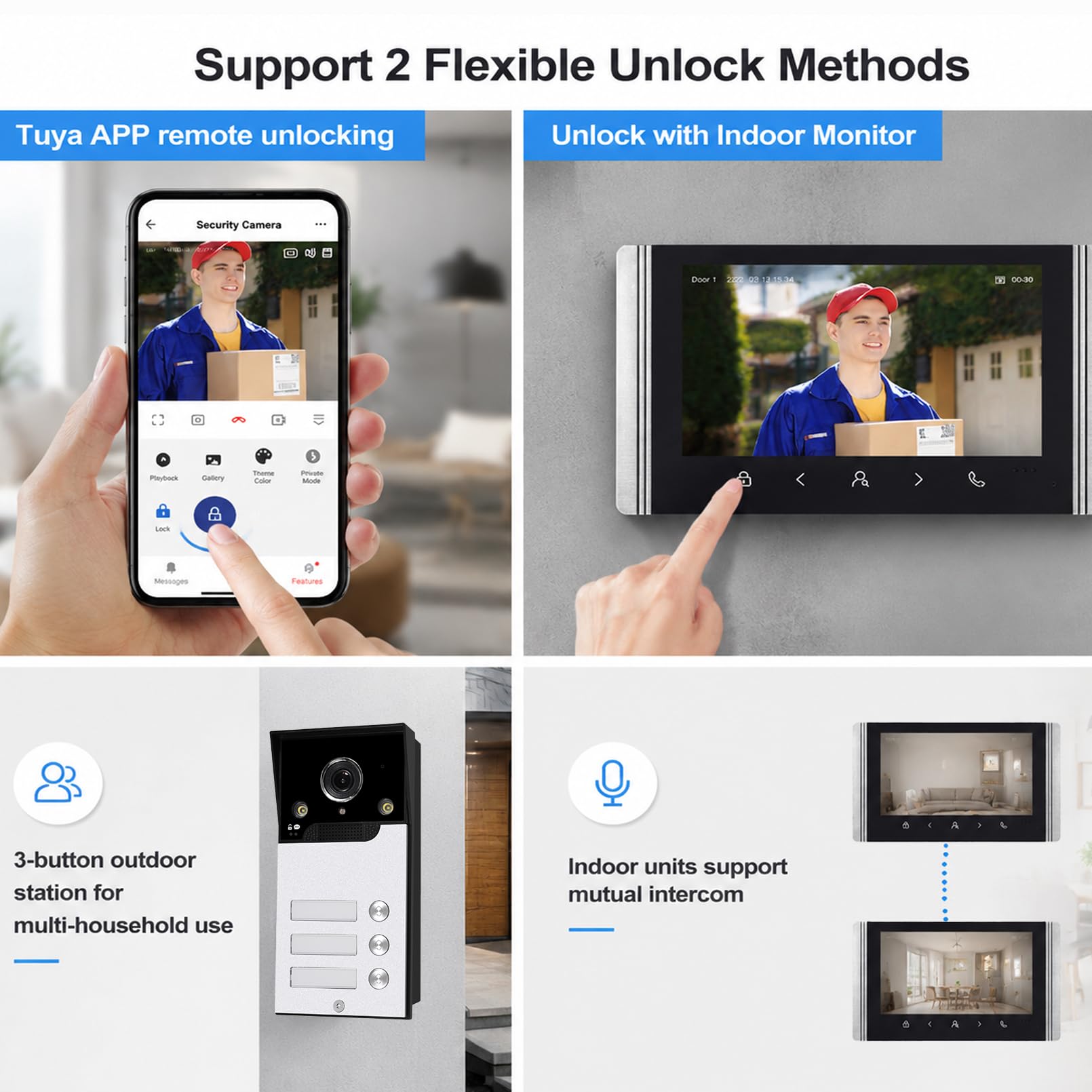 WLAN Wireless Video Türsprechanlage,1080P Außenkamera,7 Zoll AHD Touchscreen Wireless Monitor,PIR Bewegungserkennung,Nachtsicht,Tuya APP Steuerung (3 Familienhaus)