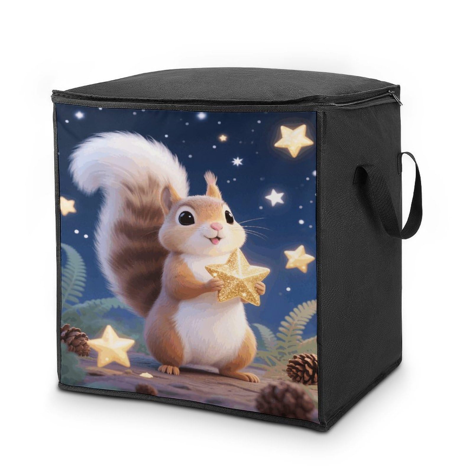 Cute Squirrel Star Large Storage Bags with Zippered Storage Organizers Bag Clothes Storages Bins with Lids Foldable Storages Containers with Reinforced Handles for Blanket Bedding