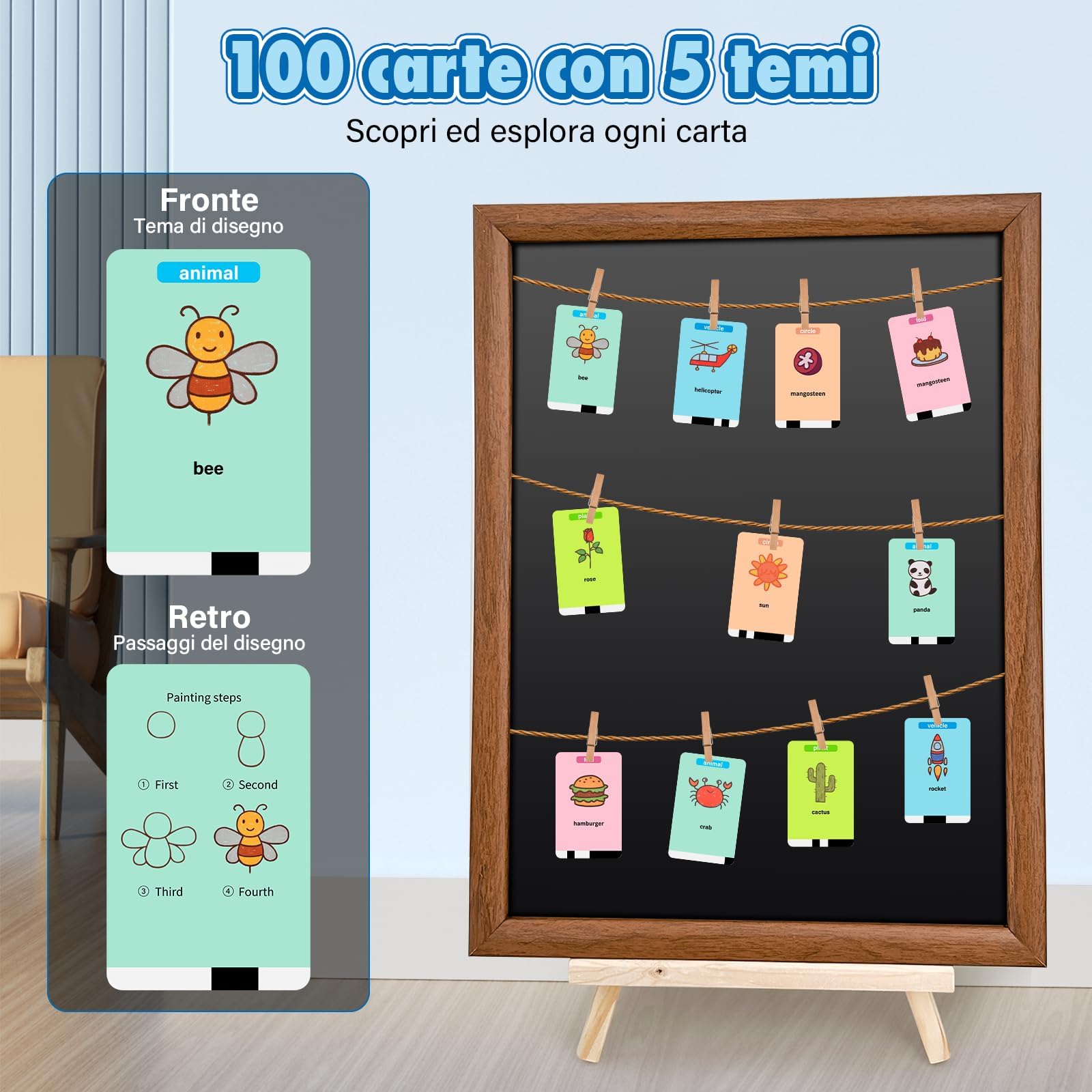 Ruycllo Robot da Disegno Interattivo per Bambini - Giocattolo Educativo con 100 Schede e Penna, Voce in Inglese, USB Type-C, Ricaricabile, per Apprendimento e Regalo Bambini 3–10 Anni (Blu)