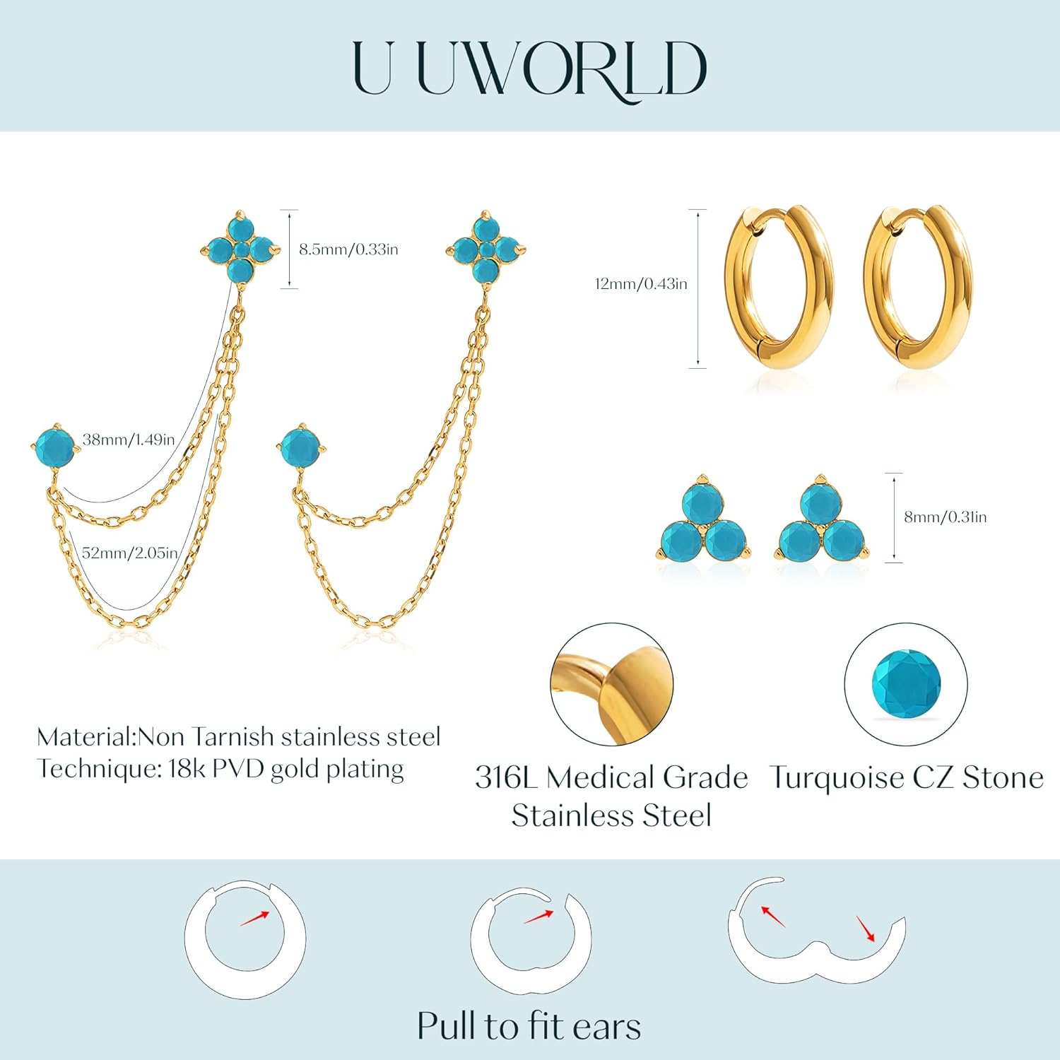 3 Pairs Small Hoop Earrings Set,Heart Turquoise Earrings for Women,18K Gold Plated Stainless Steel Cartilage Earrings for Multiple Piercings,Dainty Chain Earrings Hypoallergenic Jewelry Gift for Her - Image 5