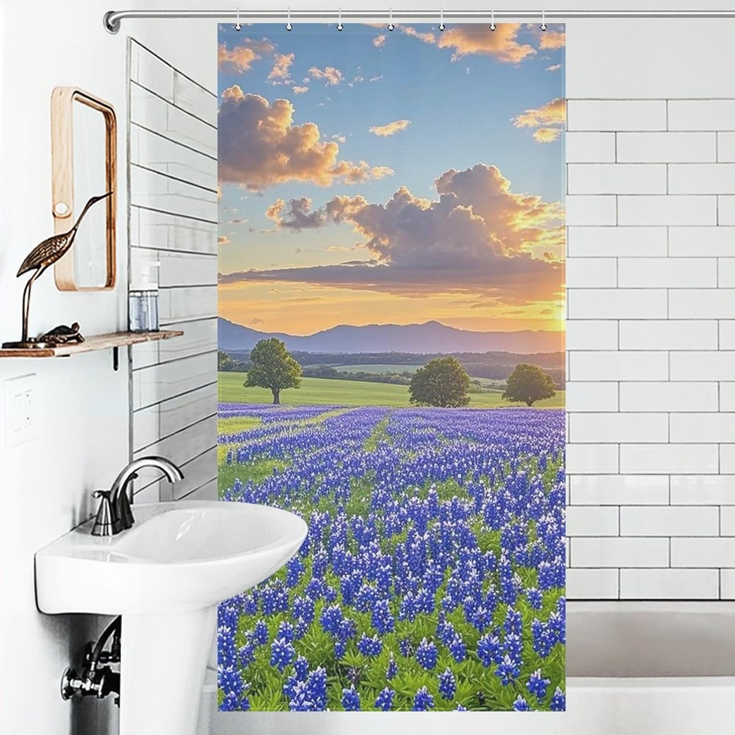 Texas Bluebonnets Scenery Shower Curtain Bathroom Curtain with Grommets & Hooks Modern Machine Washable Waterproof Fabric Bath Curtain for Bathroom Bathtub Home Decoration 36x72Inch（92x183cm）
