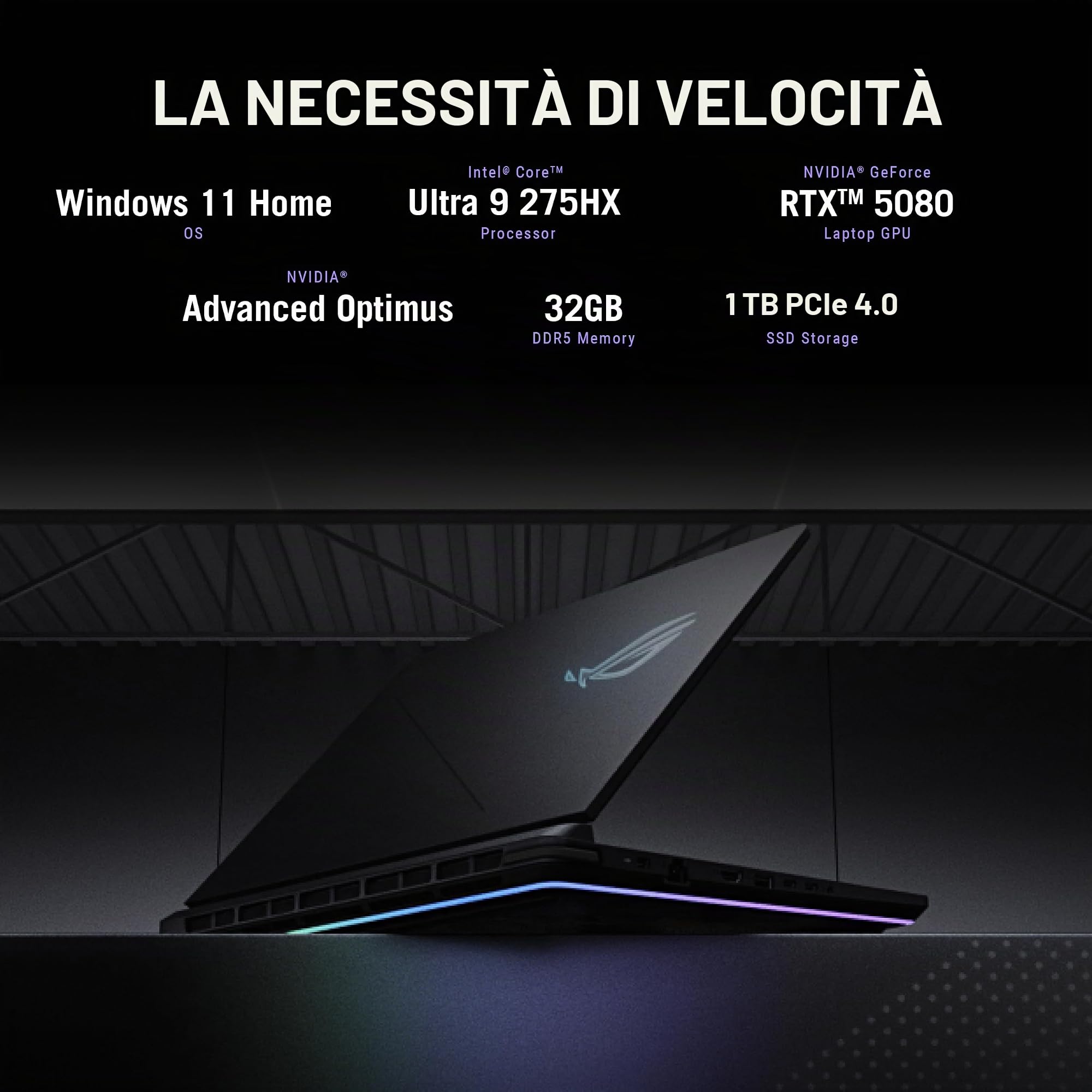 ASUS ROG Strix G16 Notebook Gaming, display IPS 2.5K 16" 240Hz 3ms, Intel Ultra 9 275HX, 32GB DDR5, SSD 1TB, NVIDIA GeForce RTX 5080 16GB DDR7, Wi-Fi 7, Tastiera Inglese QWERTY, Windows 11 Home