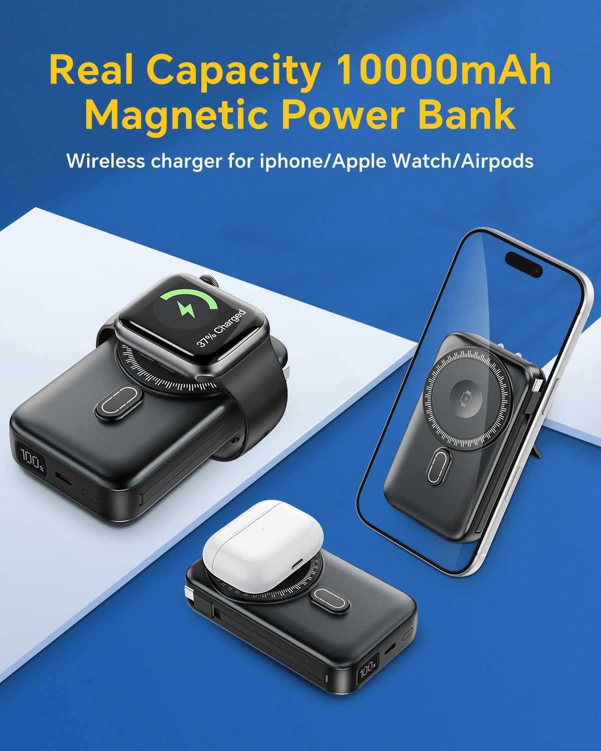 DR.HILL Magnetic Battery Pack Real Capacity 10000mAh, 22.5W Fast Charging Portable Charger with Built-in Cables & AC Wall Plug, Foldable Stand Power Bank for Apple Watch Phone 17/16/15/14/13 (White)