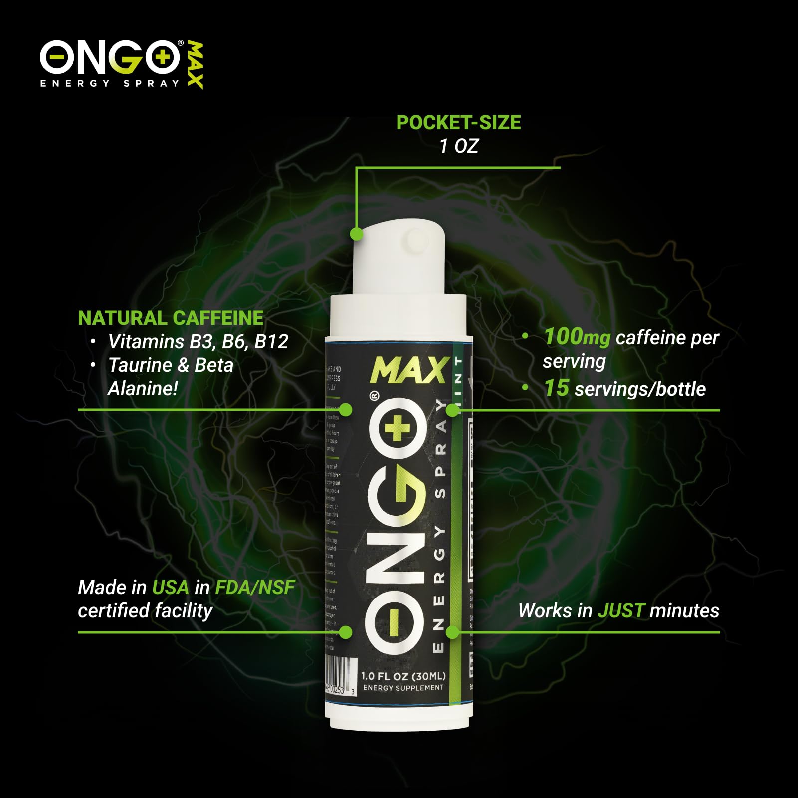ONGO Energy - Natural Caffeine (1500mg) Rapid Oral Delivery When You Need it Most | Vegan, Sugar and Gluten Free | B3, B6, B12 Vitamin Spray | Study, Work and Much More | Mint Flavor | 15 Servings — Amazon image 3