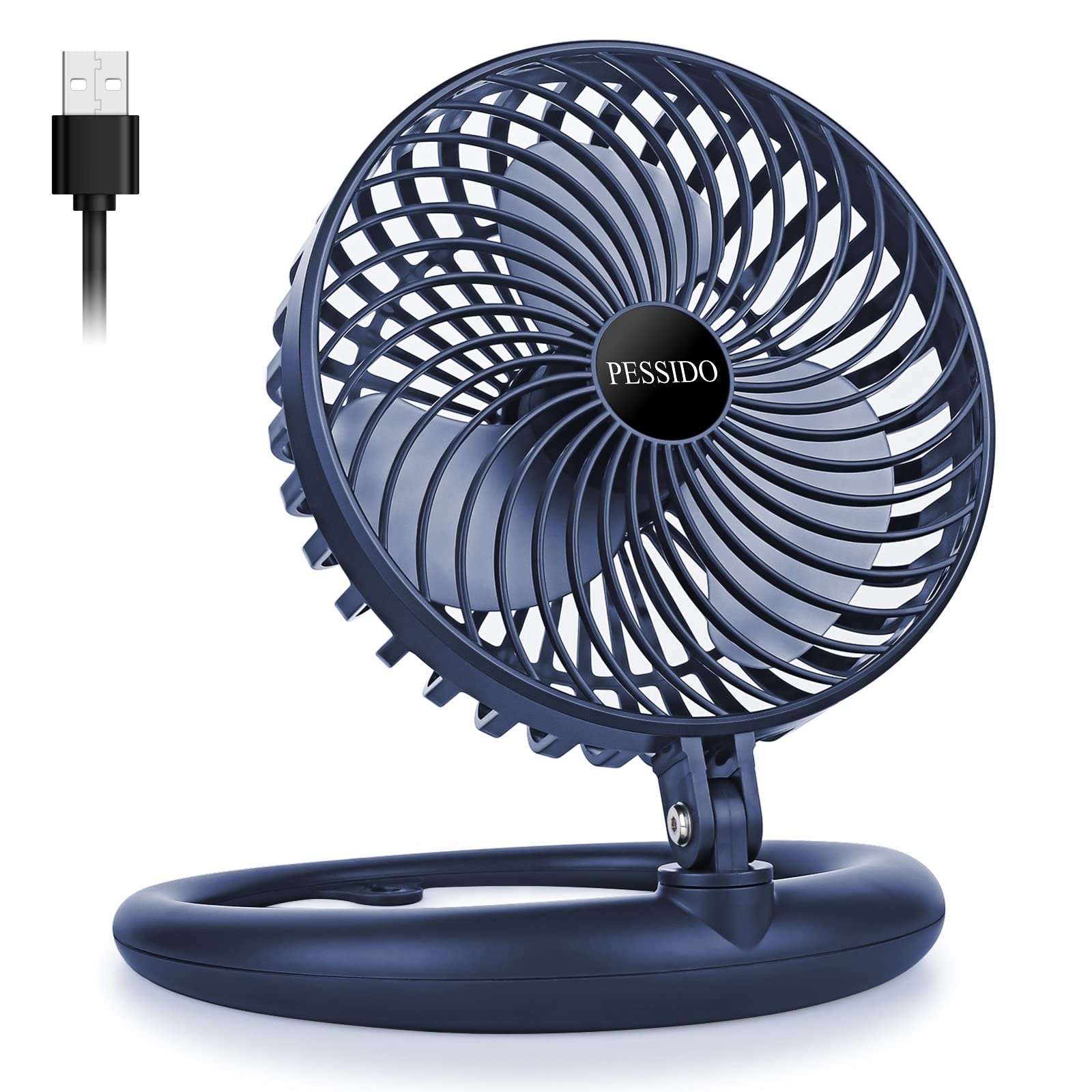 USB Desk Fan, 8 Inch Small Fan Quiet Table Fan, Portable Personal Fan for Home, Office, Bedroom, Strong Cooling Airflow, 3 Speeds and 540 Degree Pivoting Head, 5ft Cord (Blue)