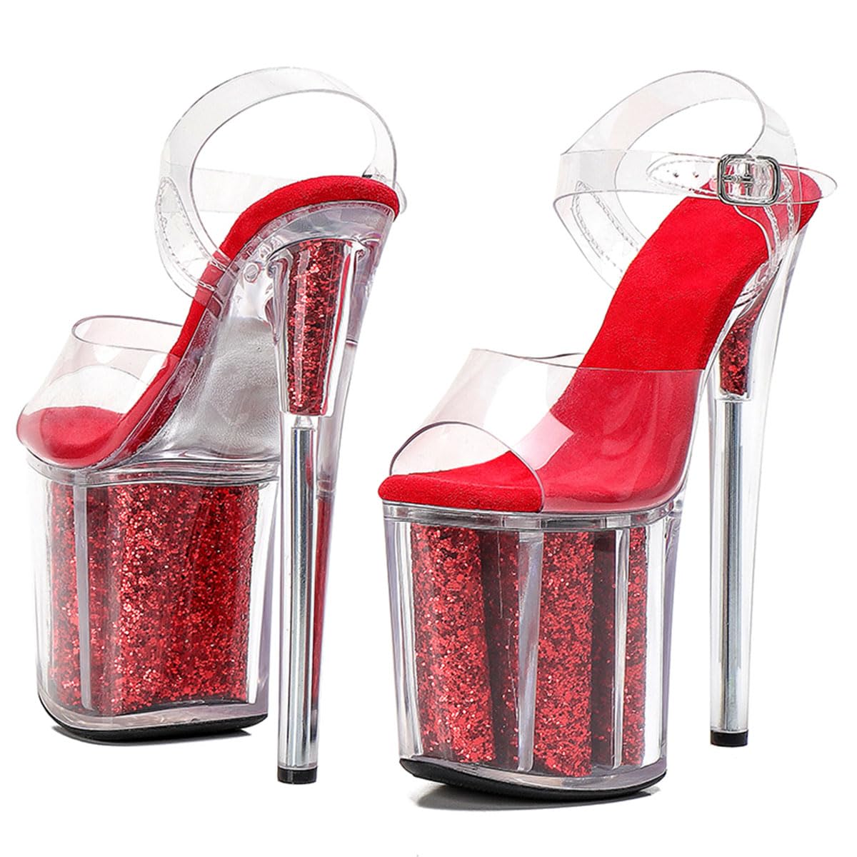 WUXIN H&P Women's Clear Platform Exotic Pole Dance Ankle-Strap Sandal 8 Inch Fashion Model Round Toe Sexy Stiletto Custom Dress shoes High Heel: 11 Red