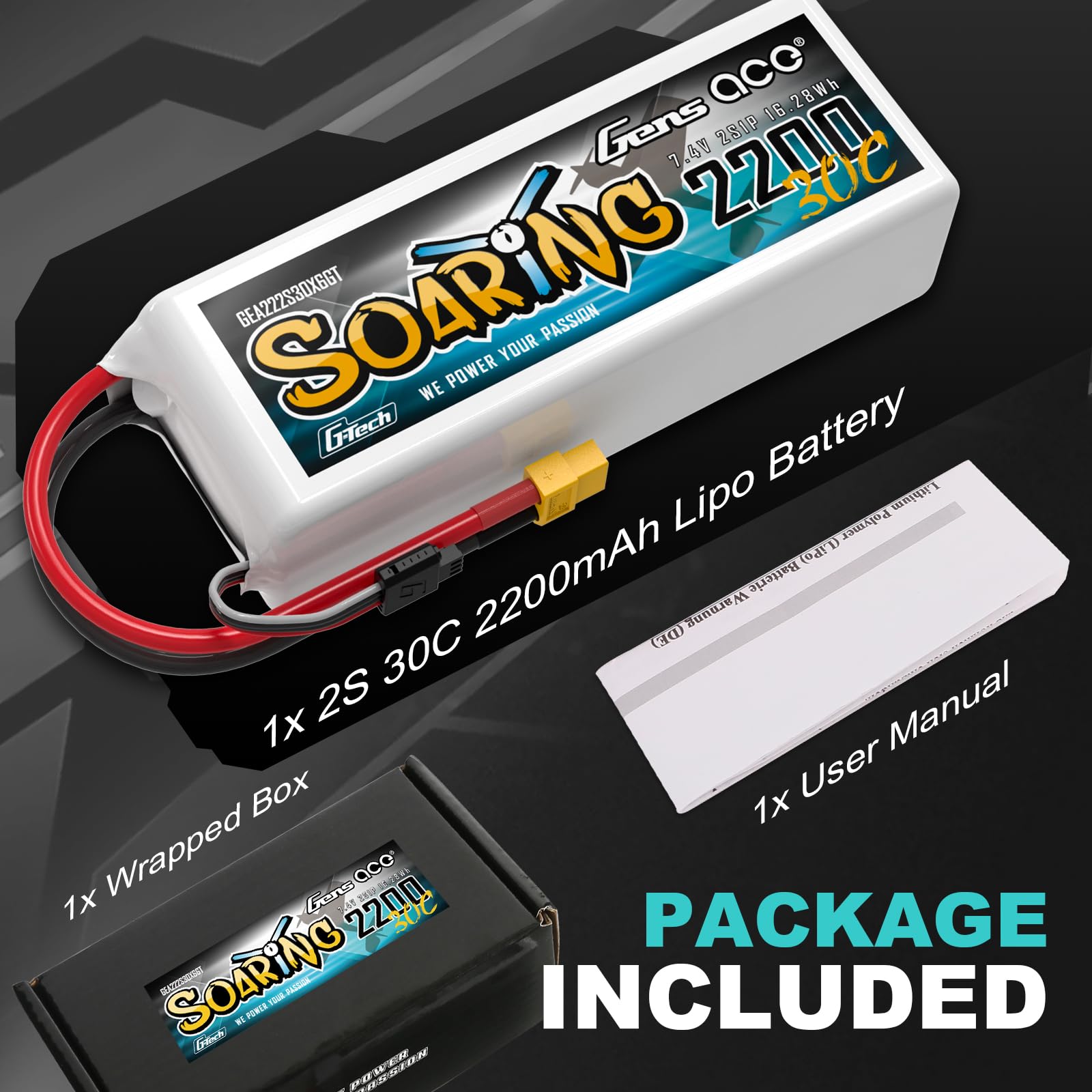 Gens ace Akumulator 2 s 2200 mAh 30C 7,4 V z wtyczką XT60 do helikoptera lotniczego kolejnych helikopterów 450