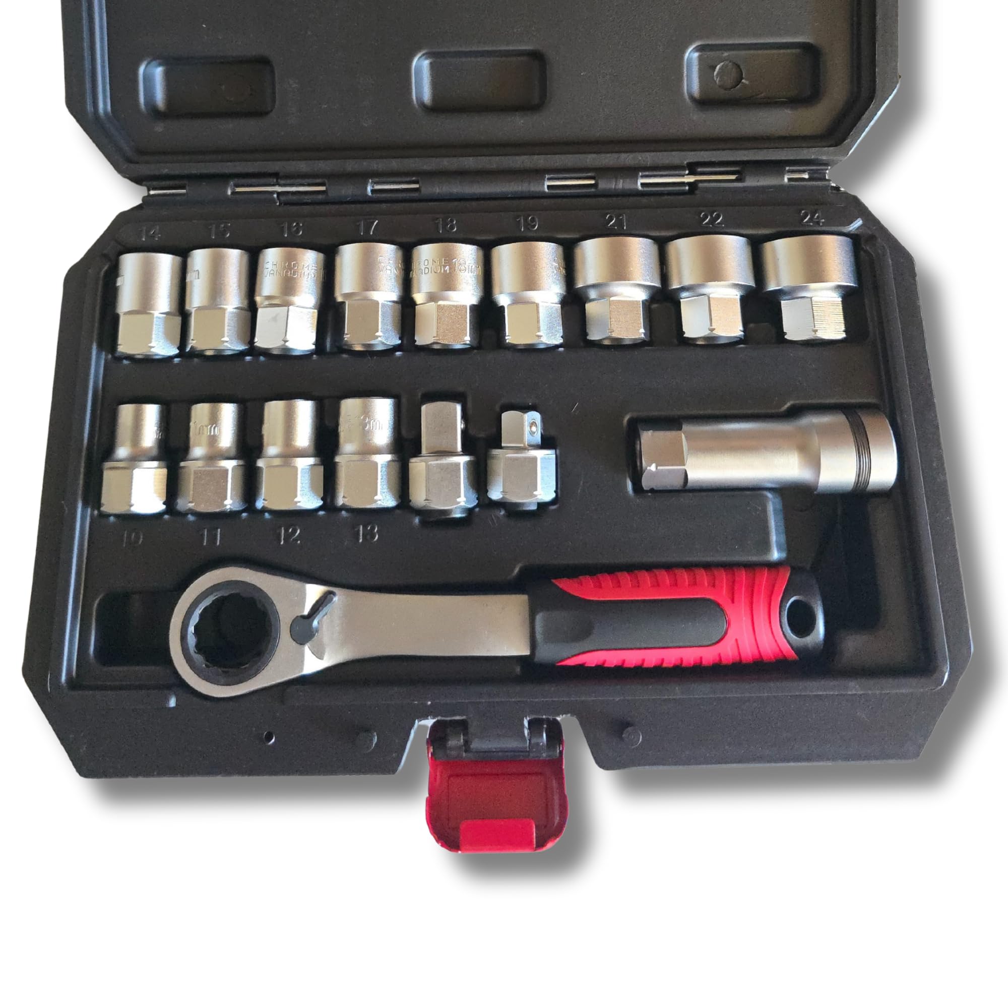 Juego llaves de vaso pasantes 10 a 24 mm 17 piezas CRV con trinquete reversible 19 mm adaptadores 1/4 y 1/2 vasos
