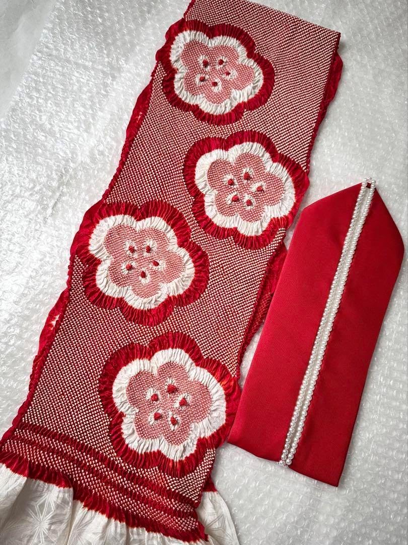 os10 赤 振袖用 総絞り 正絹 帯揚げ・重ね衿 セット