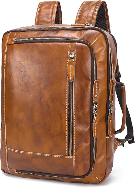 LANNSYNE Vintage Genuine Leather Backpack For Men, 2 in 1 Expandable Briefcase Fits 17'' Laptop Crossbody shoulder Bag Business/Travel Rucksack