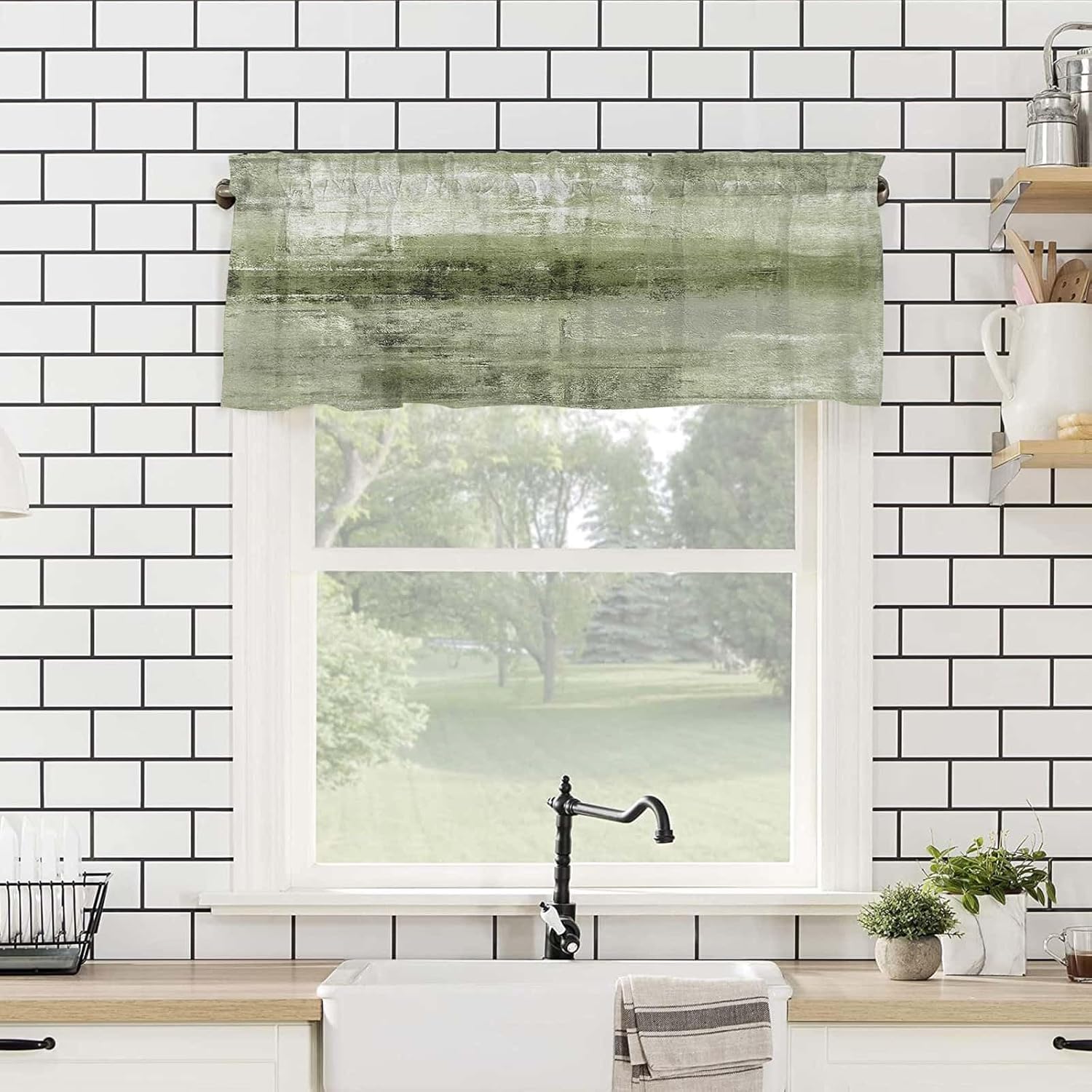 2 Pack Green Kitchen Curtains Abstract Art Valances for Windows Farmhouse Window Treatment 3" Rod Pocket Short Curtain Valance for Bathroom Bedroom Living Room Cafe Decor, 54 X 18 Inch, 2 Panel