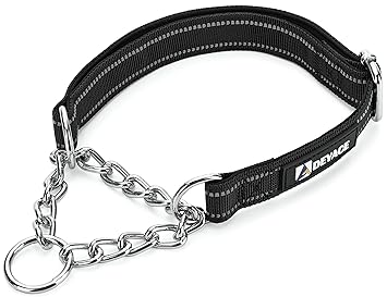 DEYACE Reflective Nylon Martingale Collar with ID-Tag Ring Comfortable Soft Padded Adjustable Stainless Steel Chain Collar for Small Medium Large Dogs