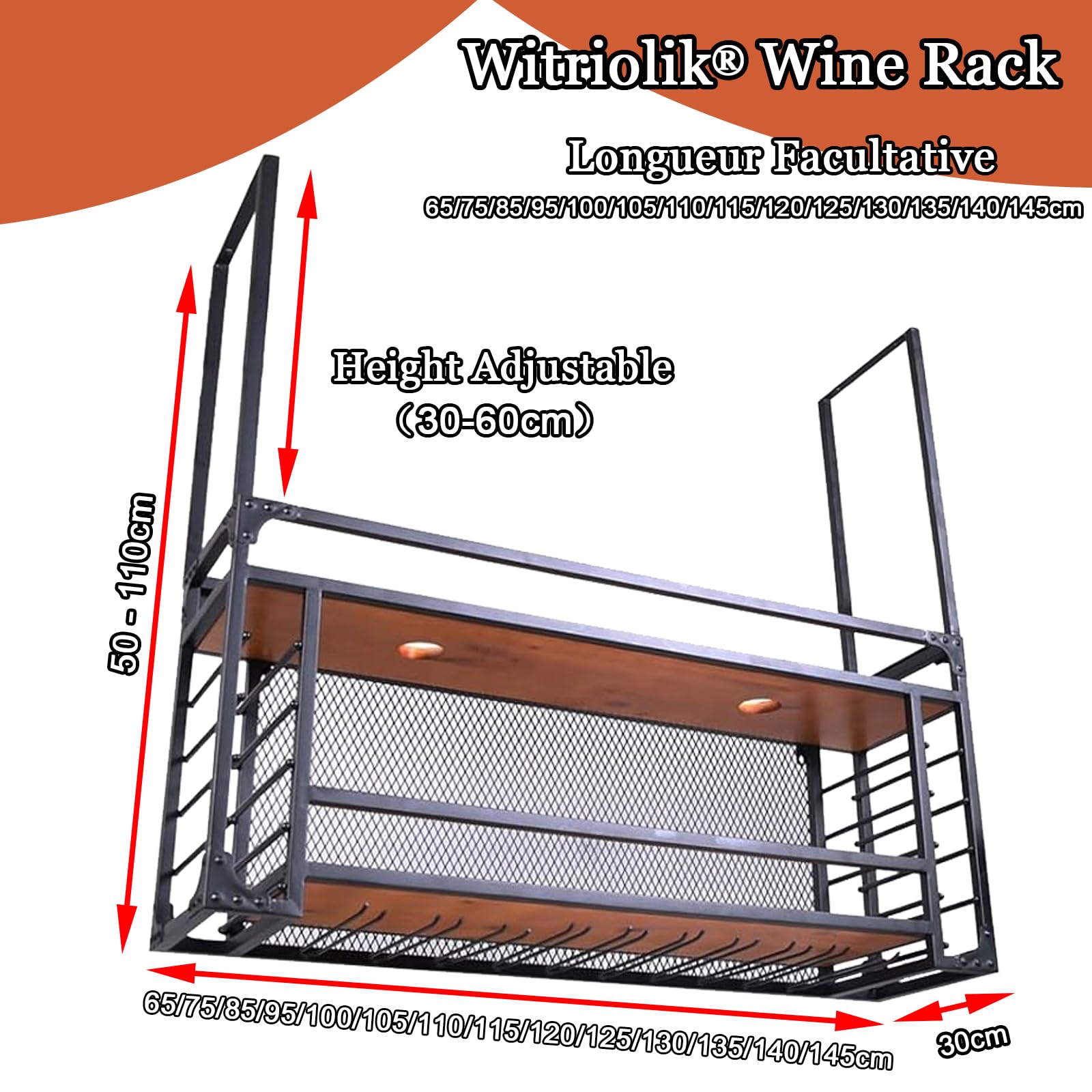 Portabottiglie da Parete con Supporto per Bicchieri in Metallo a soffitto - Organizzatore salvaspazio per calici per casa, Ristorante e Bar - Design Multifunzionale (95x30x50 cm)