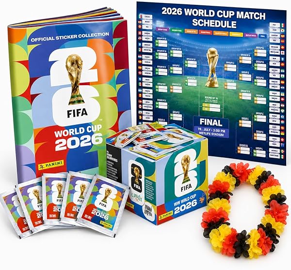 Set Panini Copa Mundial 2026 Álbum & Stickers – Tarjetas de Fútbol Coleccionables con Calendario de Partidos, Collar de Flores Alemania & Álbum Panini (10 Sobres / 70 Stickers)