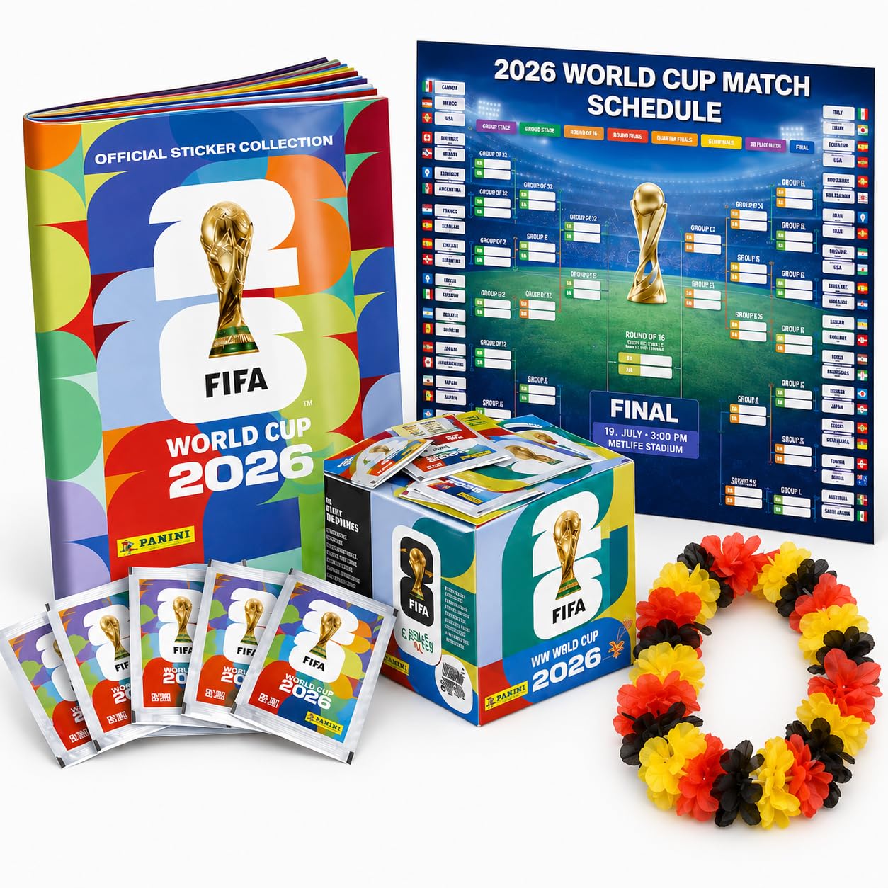Set Panini Copa Mundial 2026 Álbum & Stickers – Tarjetas de Fútbol Coleccionables con Calendario de Partidos, Collar de Flores Alemania & Álbum Panini (10 Sobres / 70 Stickers) - 1
