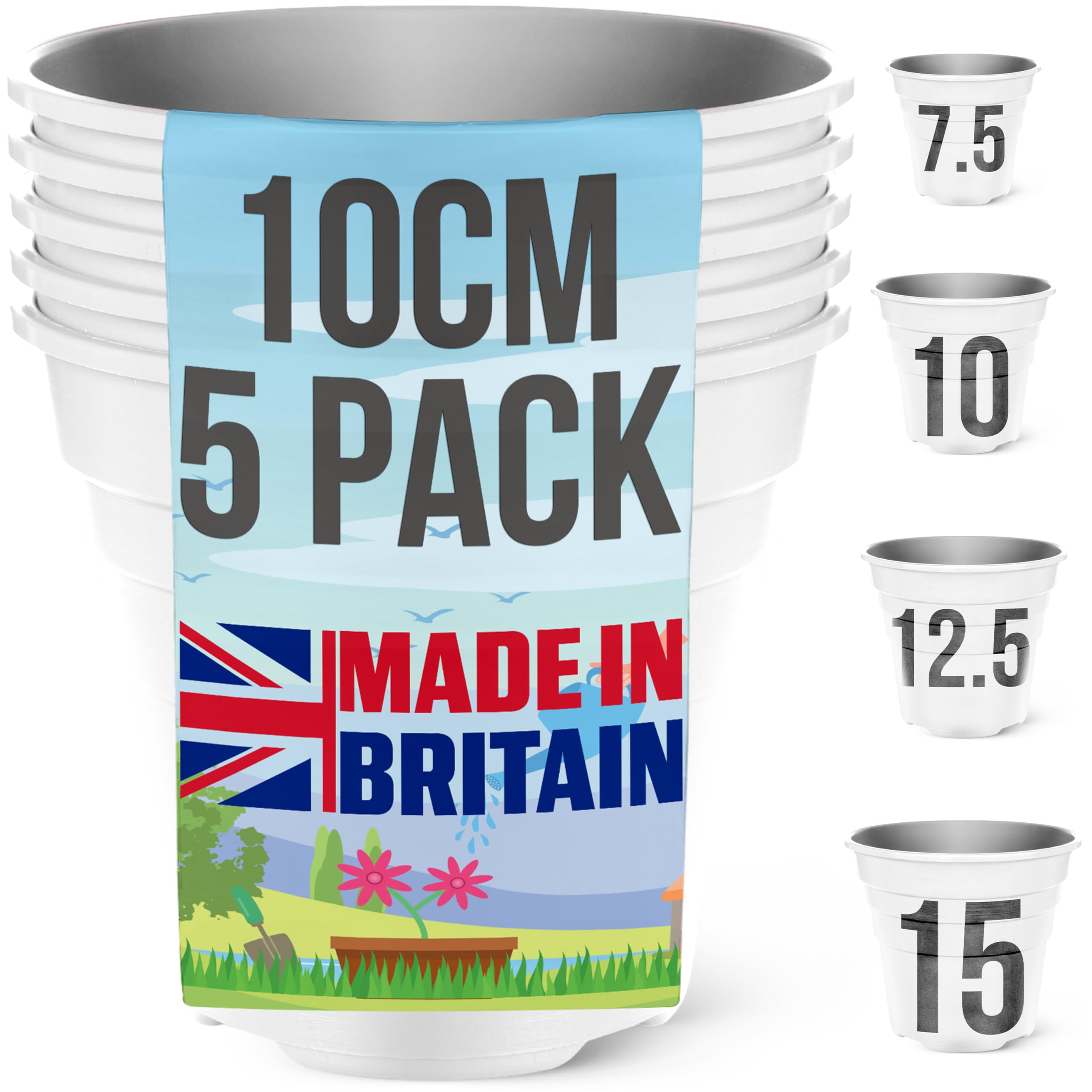Happy Pots - 10cm Gloss White - Pack of 5 Premium Plastic Plant Pots - Reusable Flower Pots for Indoor/Outdoor Home Décor Gardening - Round, Heavy Duty, UV Resistant, Recyclable - Made in UK