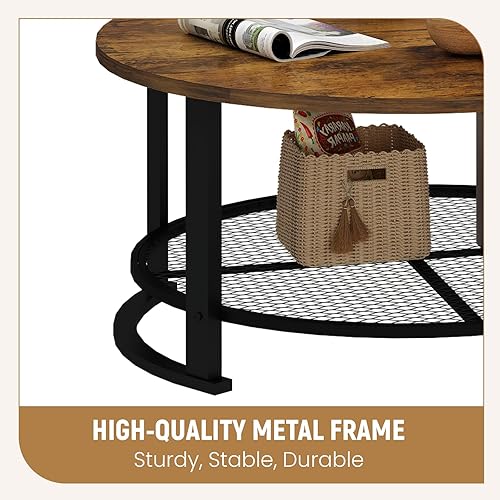 Miniatura 5 de Recaceik Juego de 3 Mesas de Café Redondas y Mesitas Auxiliares con Almacenamiento, Mesa de Café y Mesa Lateral Moderna Vintage Marrón Oscuro para