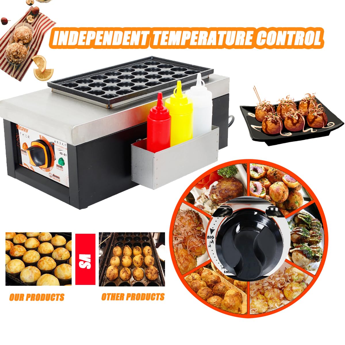 Przenośny grill kulkowy ze stali nierdzewnej z powłoką nieprzywierającą i regulacją temperatury, elektryczna patelnia do formowania kulek ośmiornicy o mocy 1,65 kW