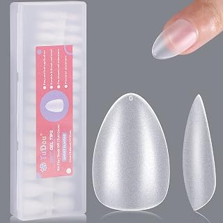 TuDou Short Almond Nail Tips, 360PCS Pre-Buff No File Soft Gel Full Cover Nail Tips for Soak off Nail Extensions, 15 Sizes Acrylic Break Resistant Clear False Nail Tips, Matte Gel Nail Tips Kit