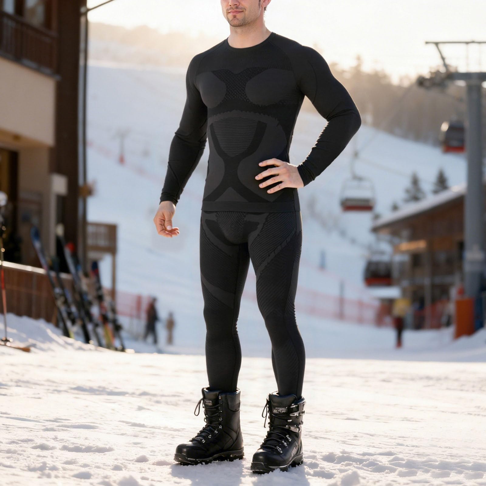 Generisch Herren Thermo Unterwäsche Atmungsaktiv Schnelltrocknend Funktionswäsche Flexibel Skiunterwäsche Set Winter Thermowäsche Leggings für Motorrad, Lauf, Fahrrading, Fußball, Skifahren