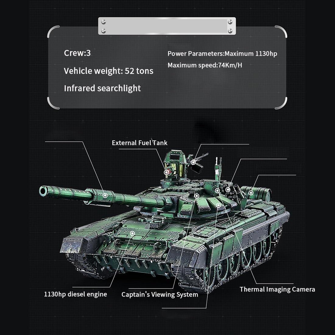 MechPuConToy 3D Metal Puzzle Model, 1/48 Scale T-72B3 Main Battle Tank 3D DIY Mechanical Metal Jigsaw Puzzles Assembly Model, Home Decor Display for Adults and Teens (304 PCS)