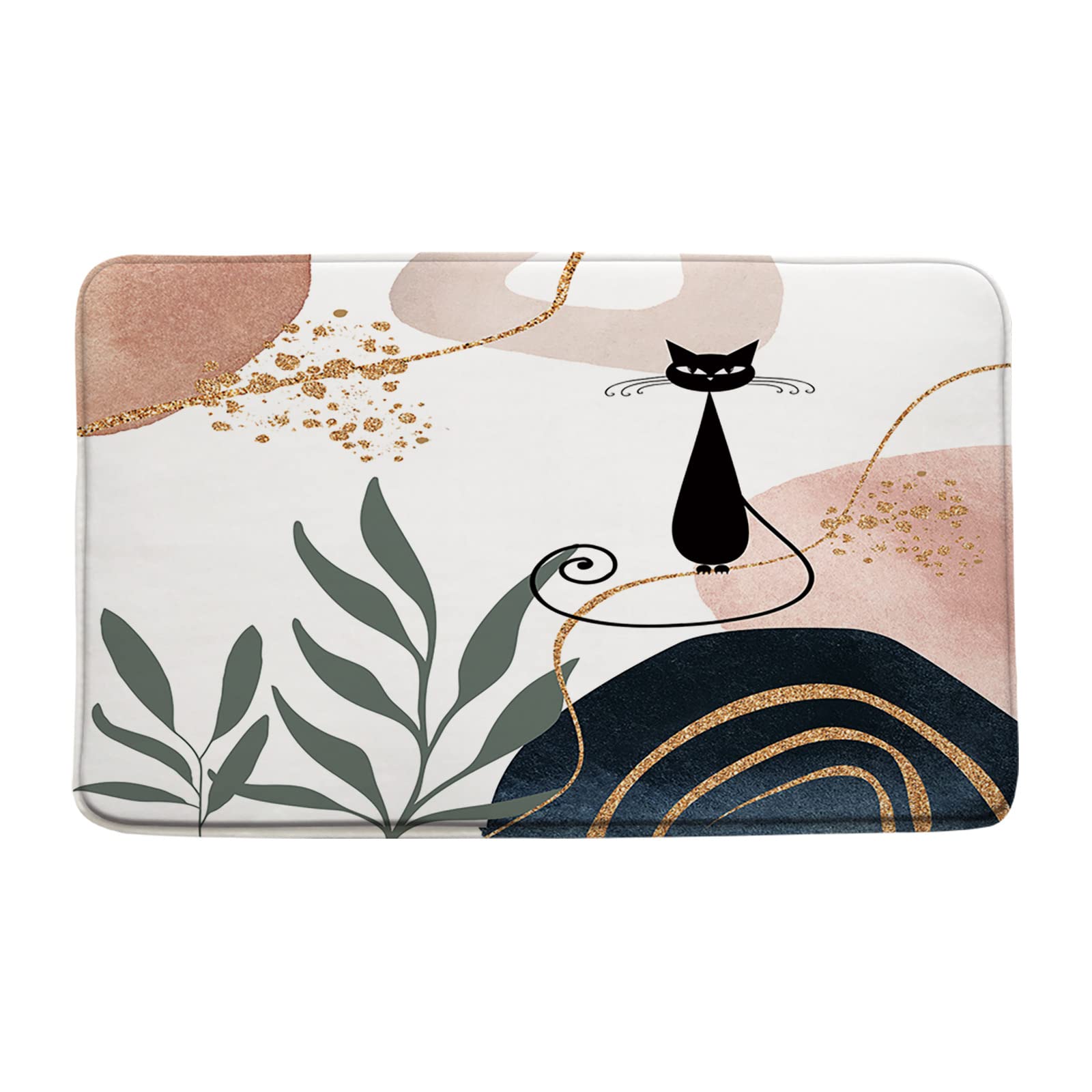 Boho Leaf Mid Century Bath Mat,Black Cat Modern Tropical Aesthetic Plant Arch Sun Bathroom Rug Shower Floor,Abstract Geometric Minimalist Bath Rug,Absorbent Doormat Bedroom Rug Kitchen Toilet