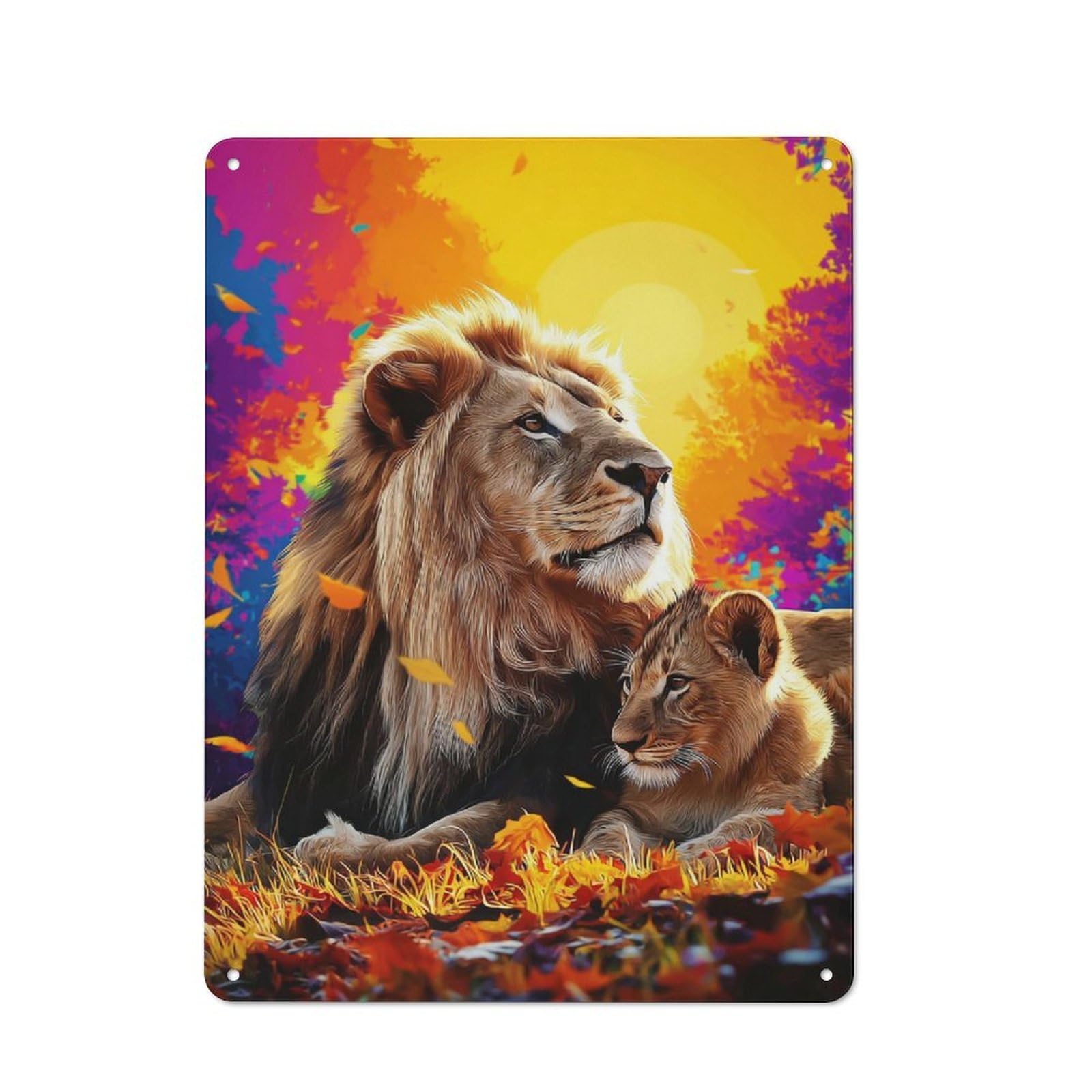 Junmoney Autumn Lions A Vibrant Pair In Fall Splendor Retro Metal Wall Sign 40X30cm For Man Cave Or Games Room, A Housewarming Gift For Games Room Collectors